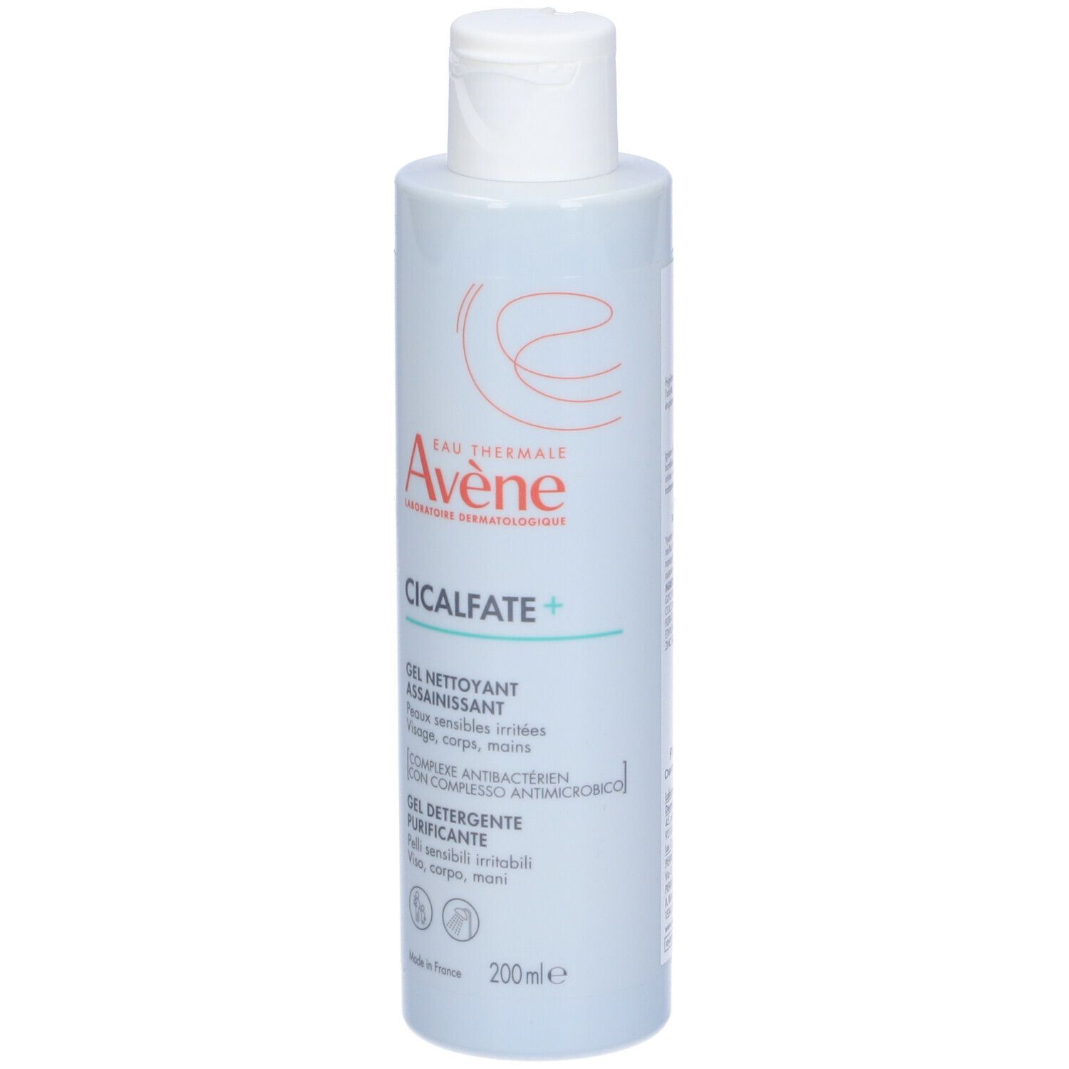 Flacone bianco con tappo a ribalta. Scritta: Avene, Cicalfate+. Gel nettoyant assainissant. 200ml.