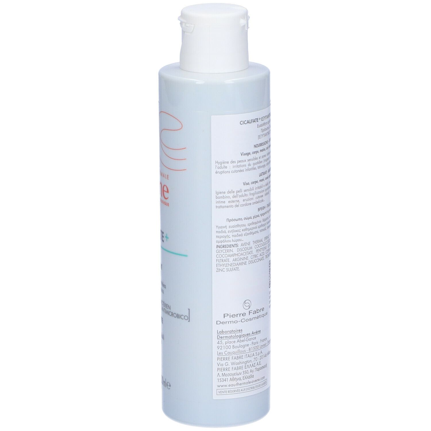 Retro del flacone. Scritta: Avene, Cicalfate+. Testo in più lingue. Codice a barre.