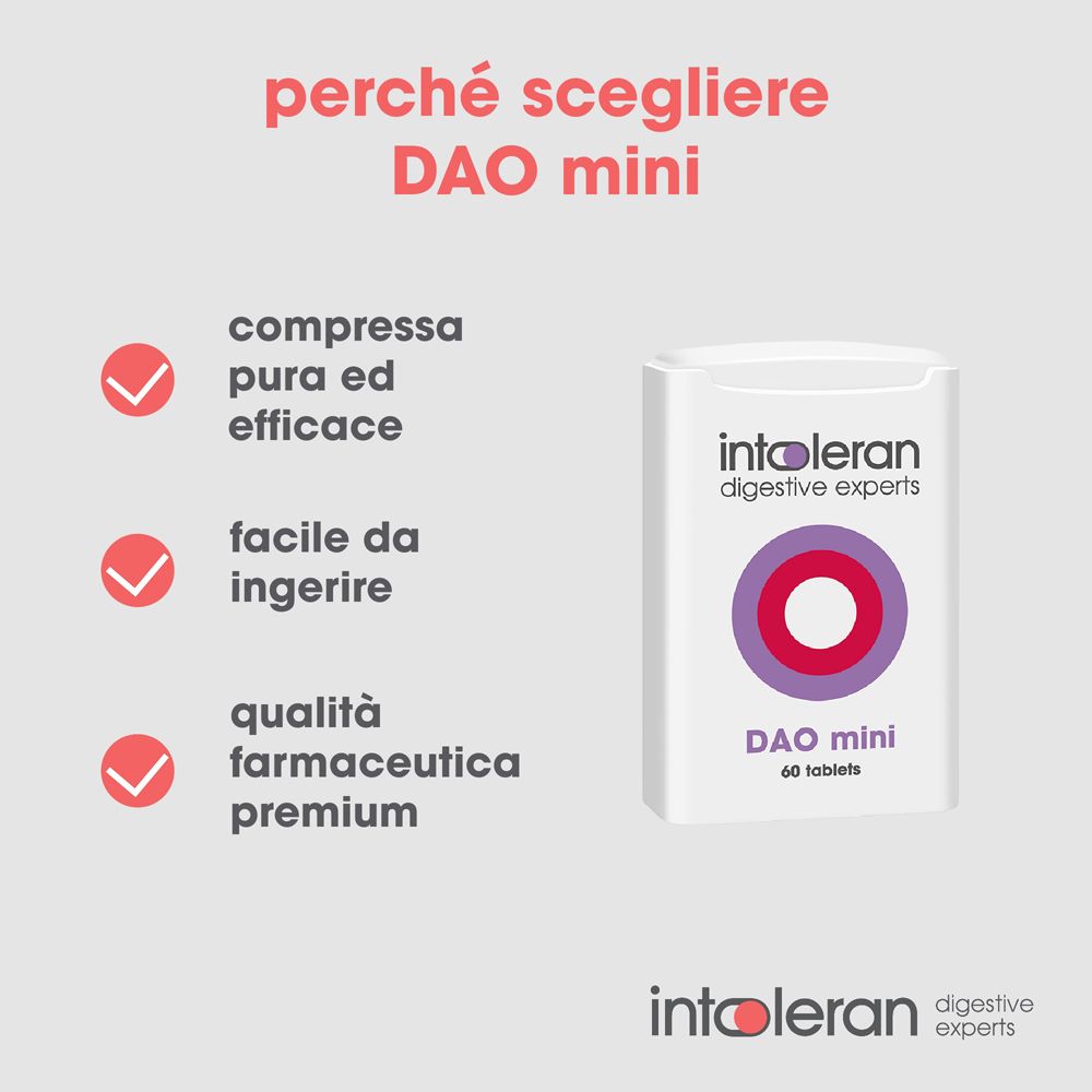 Weiße Schachtel mit lila Kreisen und rotem Zentrum. Text: DAO mini, 60 Tabletten. Rote Häkchen.
