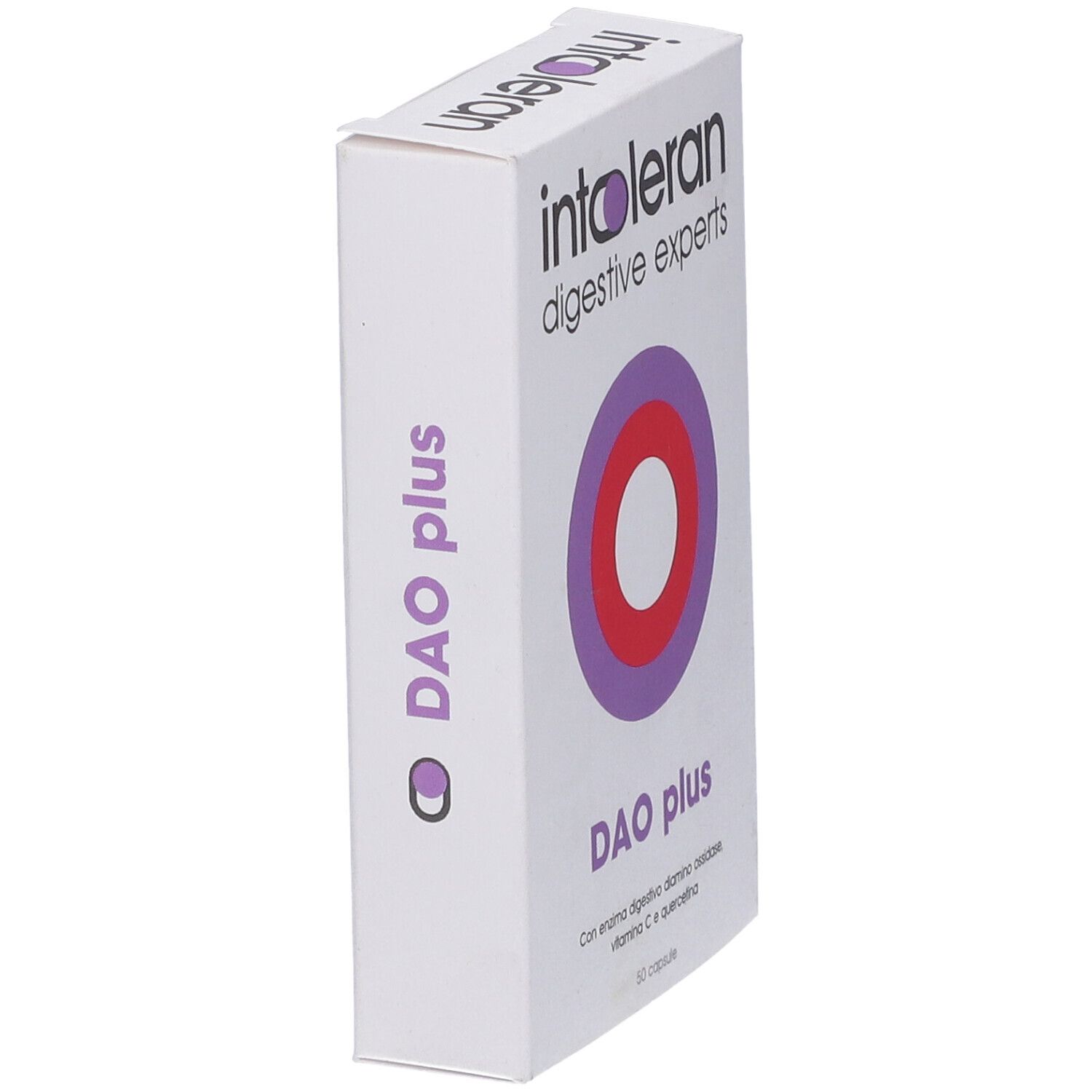 Scatola bianca con nome e logo del prodotto. Scritta: DAO plus. Marchio: Intoleran.