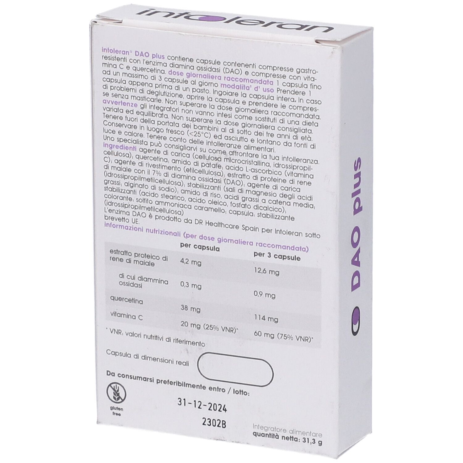 Scatola bianca con testo e logo. Contiene informazioni sugli ingredienti e sui valori nutrizionali.