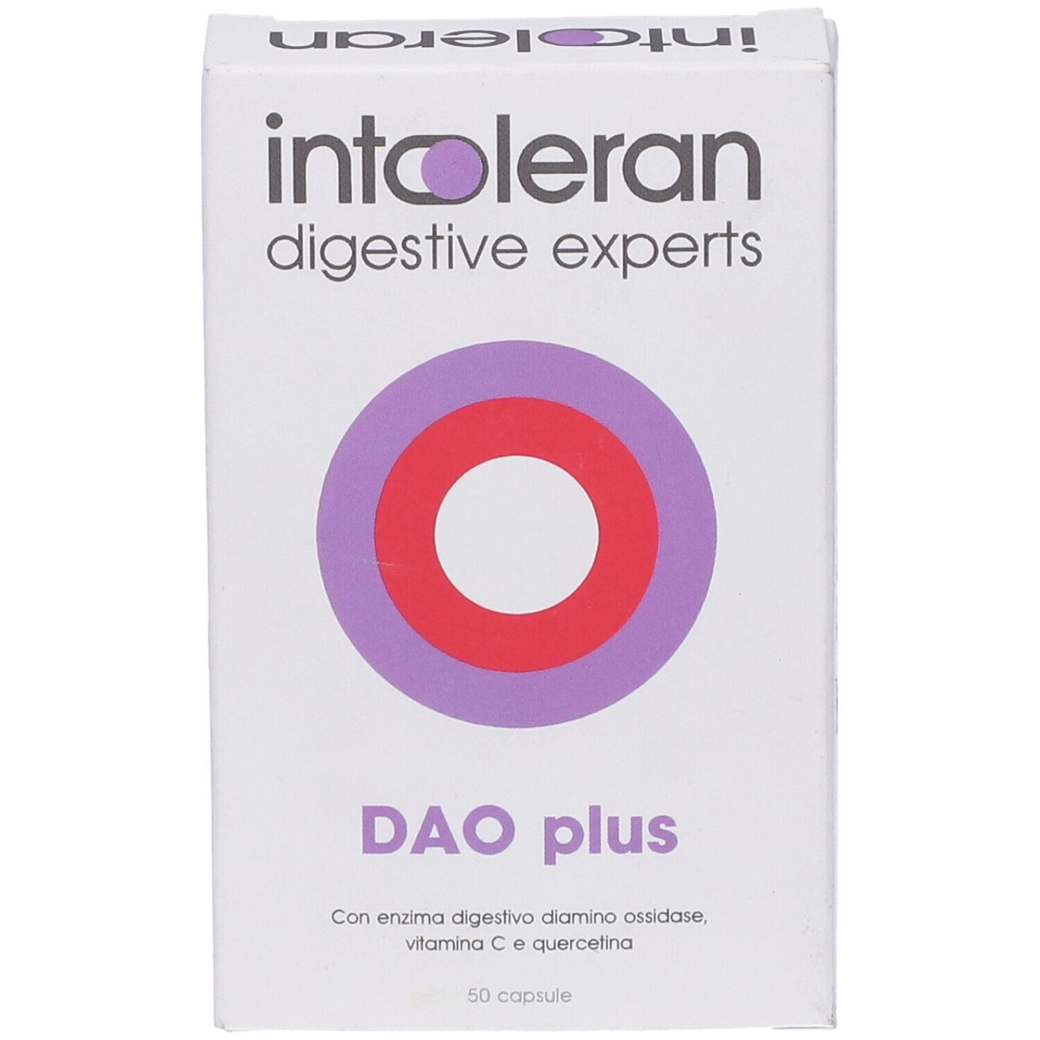 Scatola bianca con nome e logo del prodotto. Scritta: DAO plus. Marchio: Intoleran.