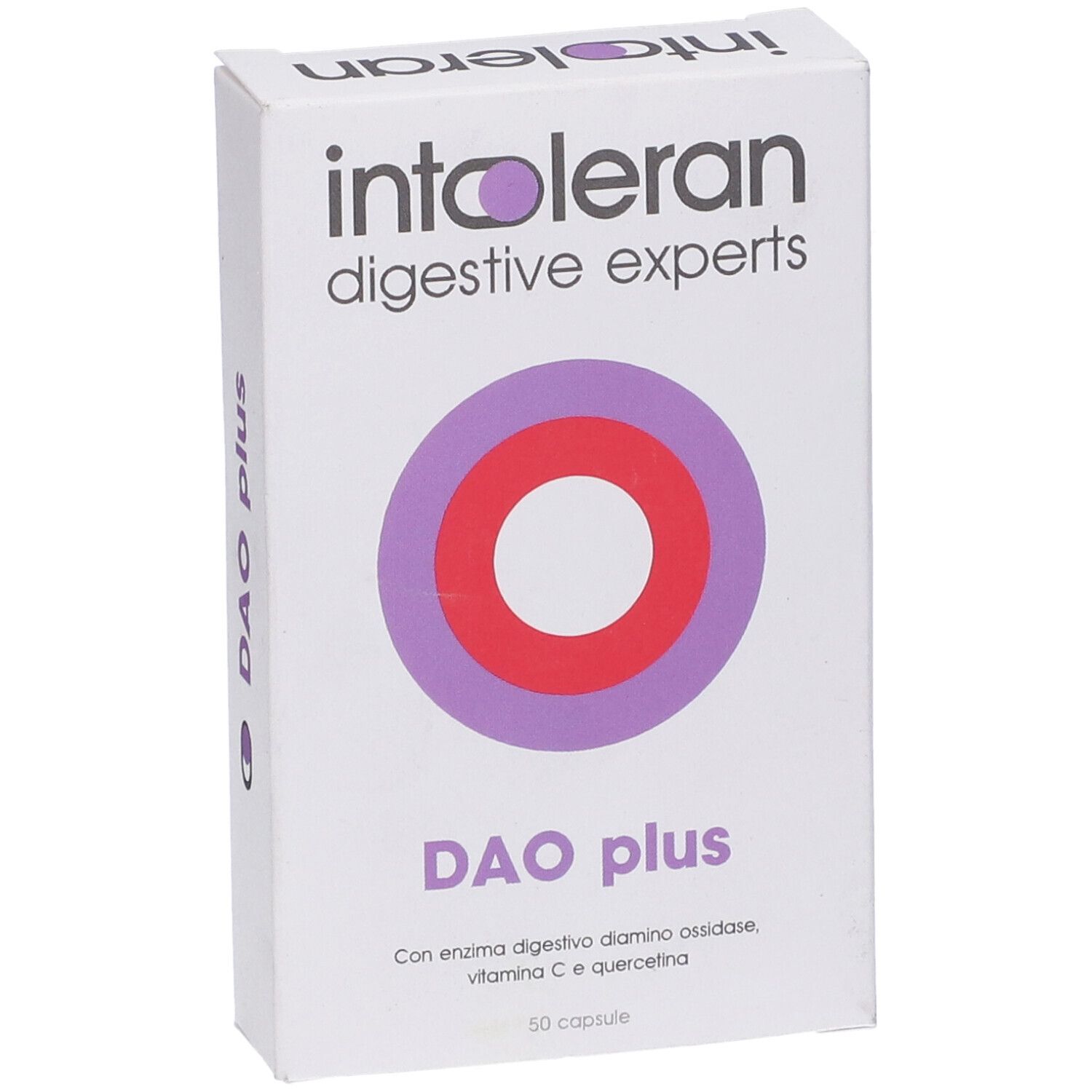 Scatola bianca con nome e logo del prodotto. Scritta: DAO plus. Marchio: Intoleran.