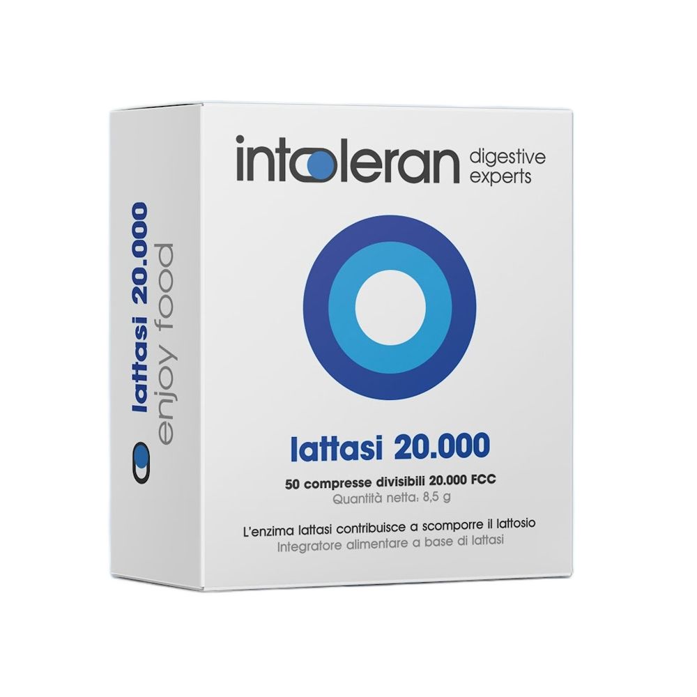 Scatola bianca con cerchi blu e testo. Contiene compresse. Scritto: Intoleran Lattasi 20.000.