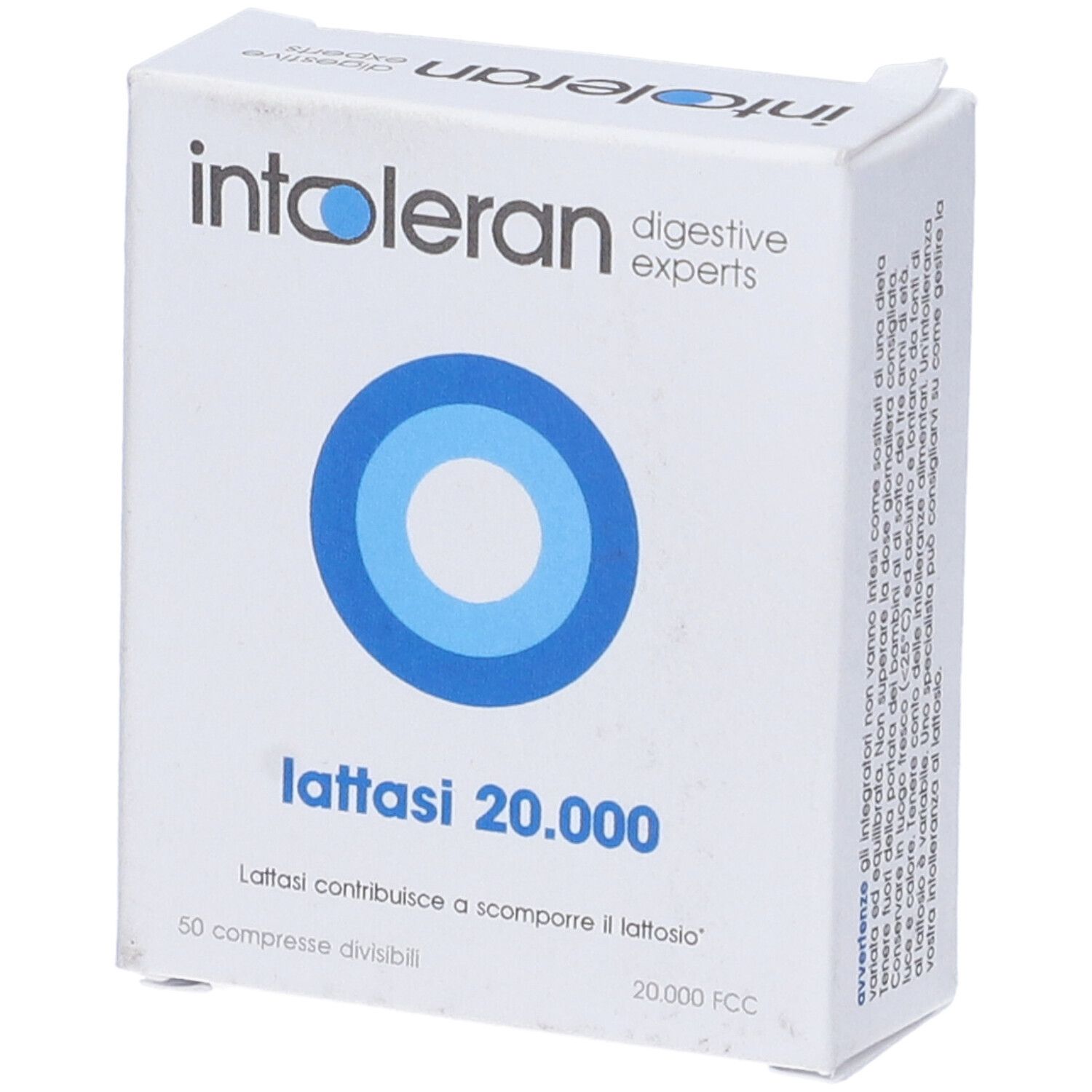 Scatola bianca con cerchi blu e testo. Contiene compresse. Scritto: Intoleran Lattasi 20.000.