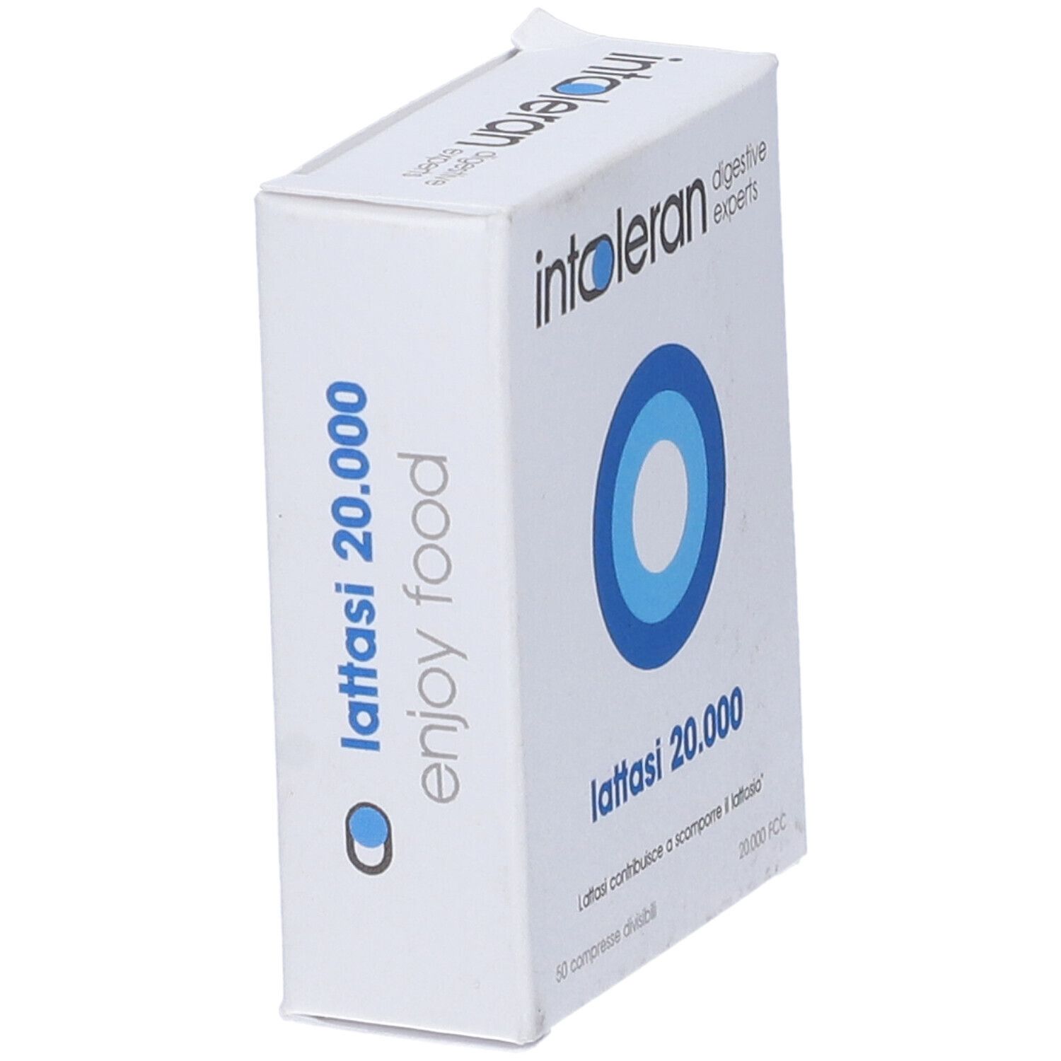 Scatola bianca con cerchi blu e testo. Contiene compresse. Scritto: Intoleran Lattasi 20.000.