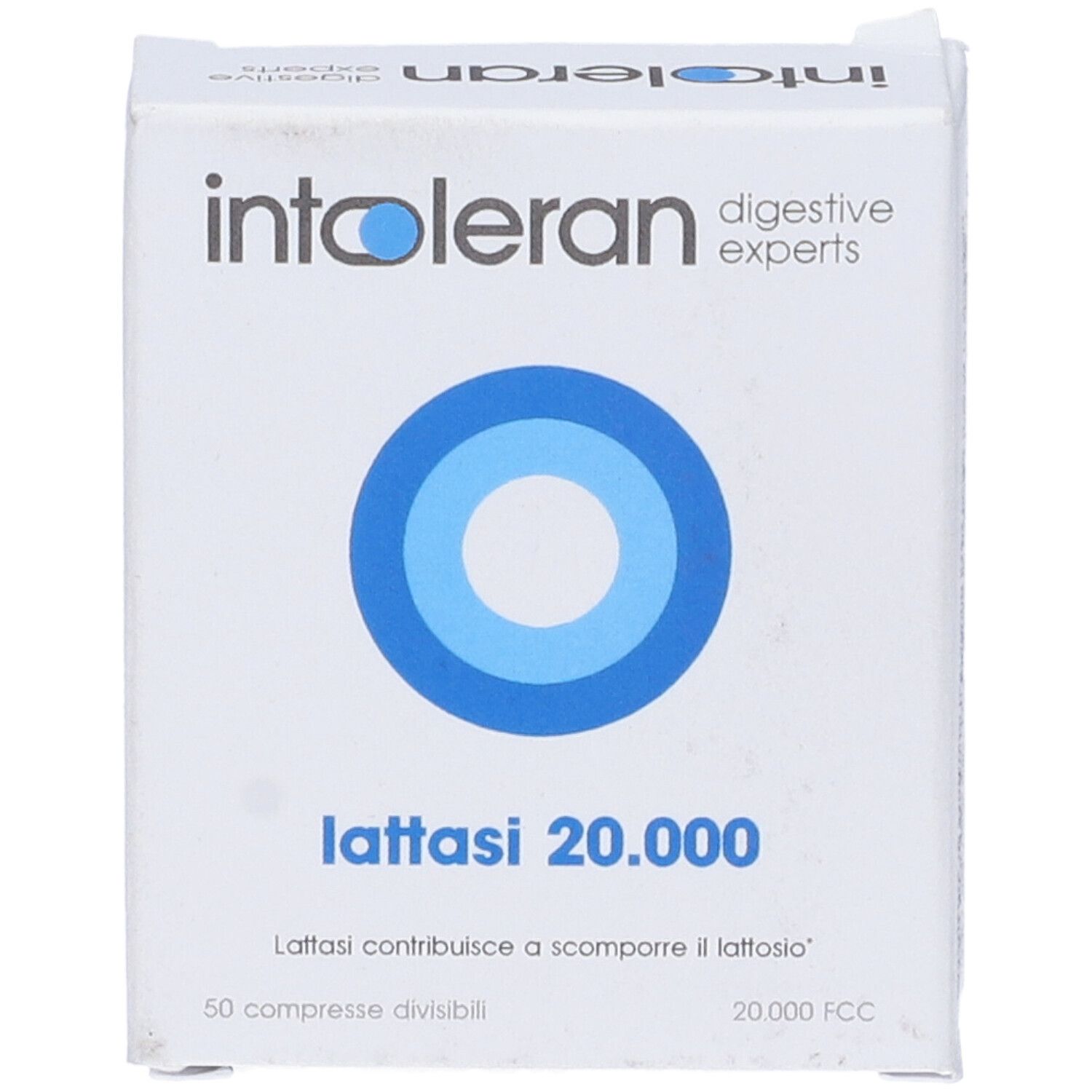 Scatola bianca con cerchi blu e testo. Contiene compresse. Scritto: Intoleran Lattasi 20.000.