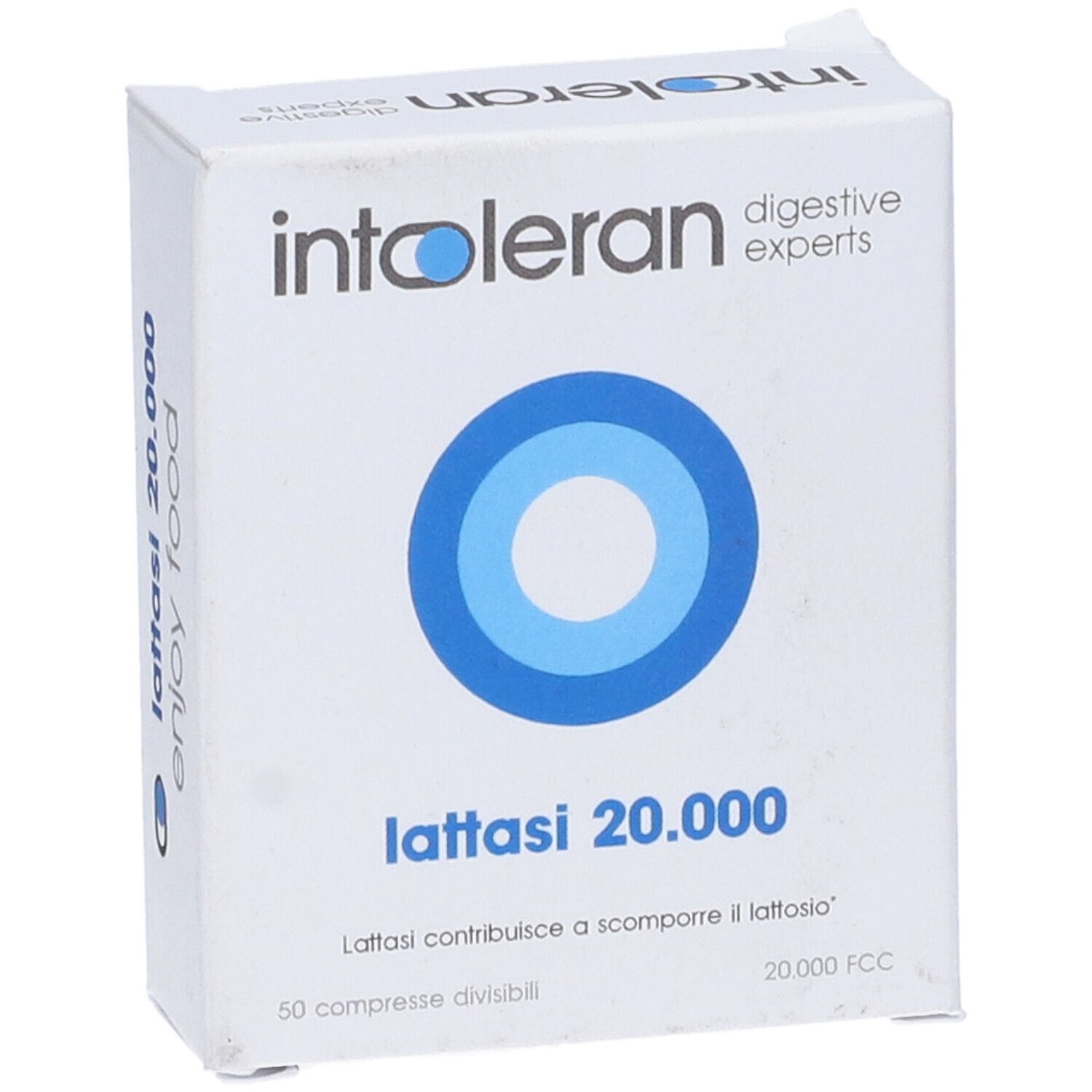 Scatola bianca con cerchi blu e testo. Contiene compresse. Scritto: Intoleran Lattasi 20.000.