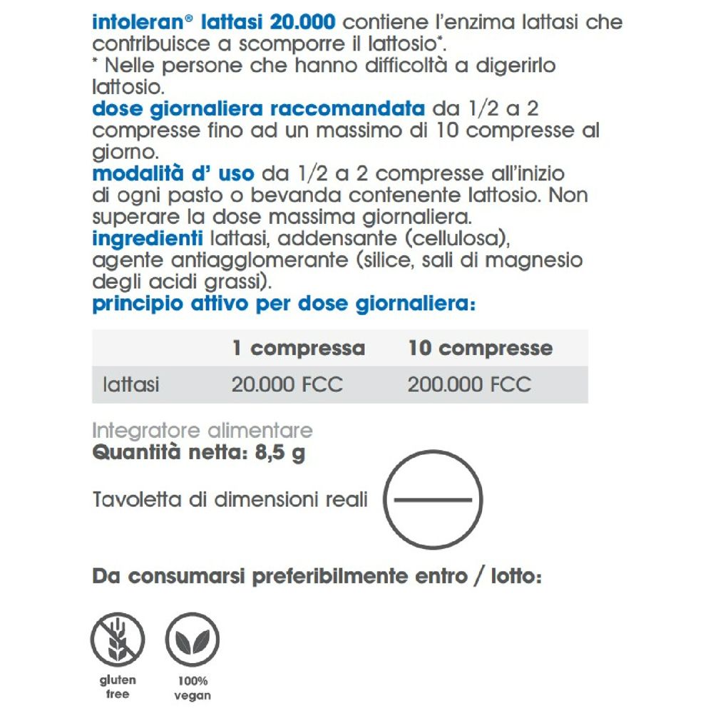 Testo su sfondo bianco. Contiene informazioni su Lattasi 20.000. Senza glutine e vegano.