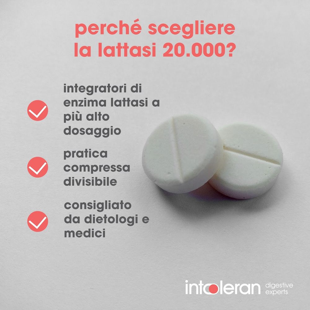 Due compresse su sfondo rosso. Testo: Perché scegliere Lattasi 20.000? Con segni di spunta.