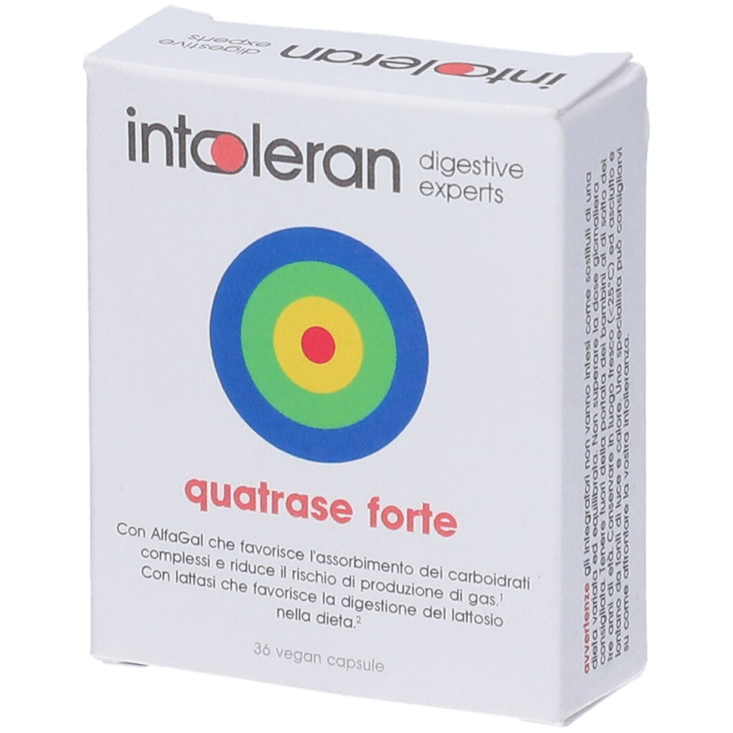 Scatola bianca con nome e logo del prodotto. Design a bersaglio multicolore. Testo: quatrase forte.