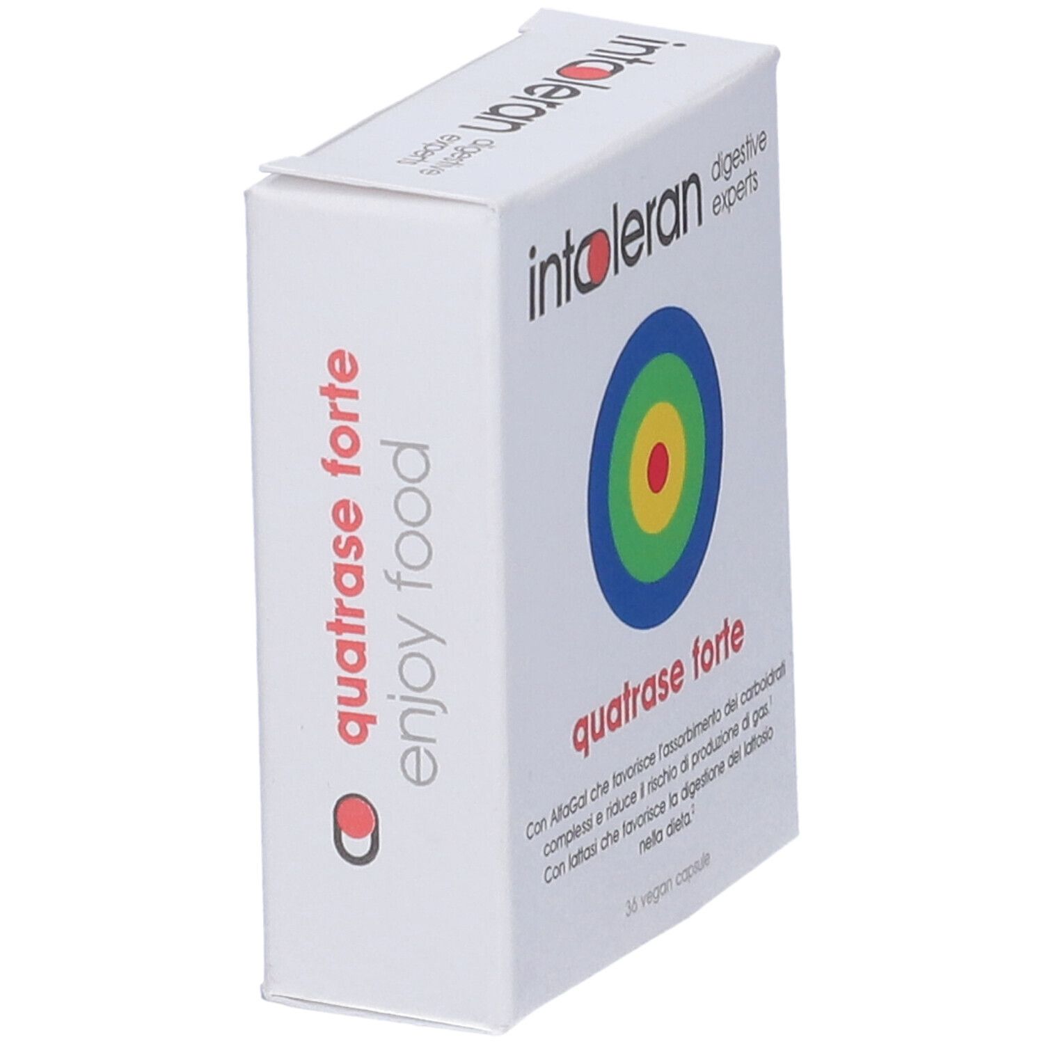 Scatola bianca con nome e logo del prodotto. Design a bersaglio multicolore. Testo: quatrase forte, enjoy food.