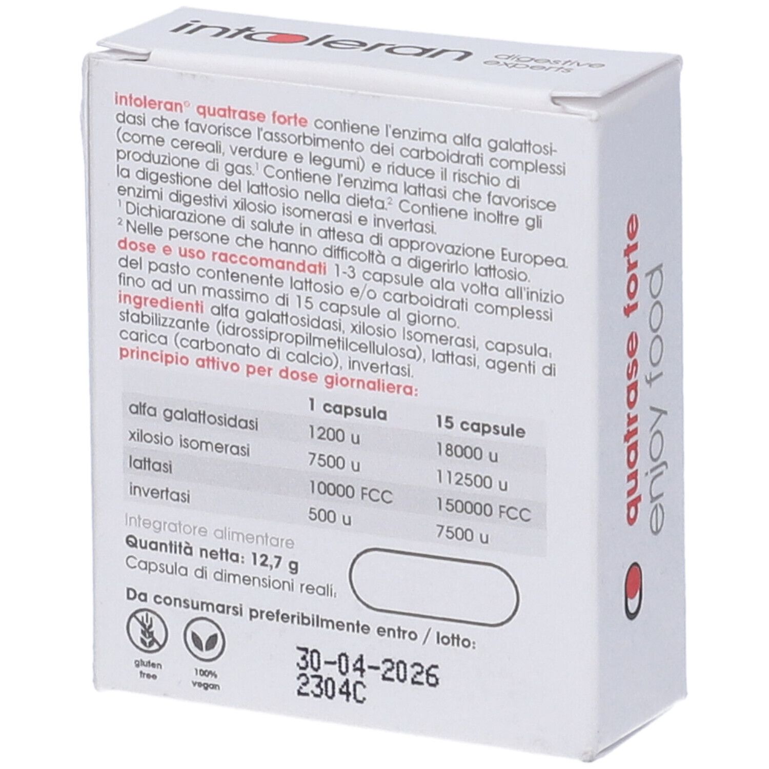 Scatola bianca con informazioni sul prodotto. Testo: quatrase forte, ingredienti, dosaggio, durata.