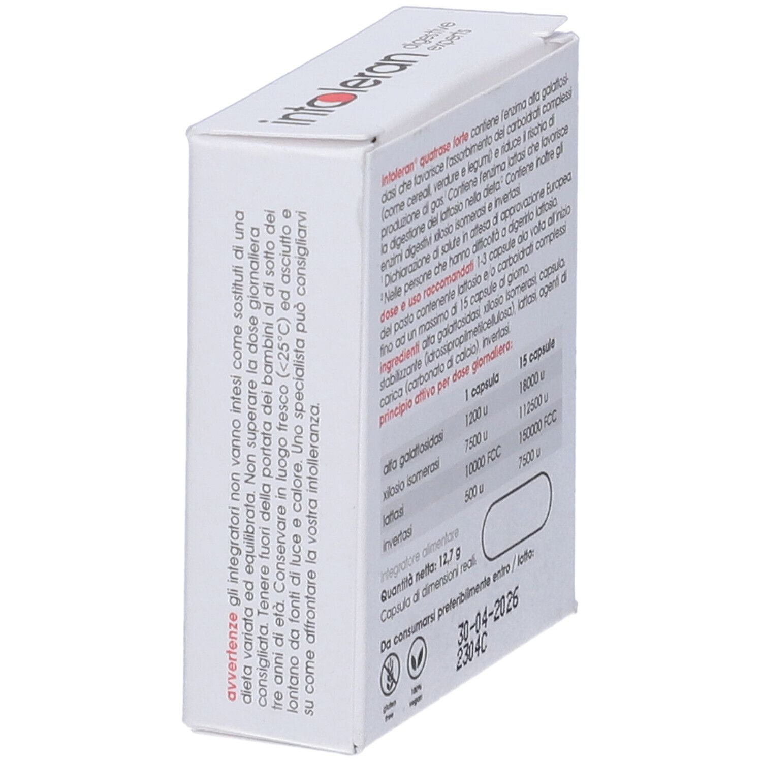 Scatola bianca con informazioni sul prodotto. Testo: quatrase forte, ingredienti, dosaggio, durata.