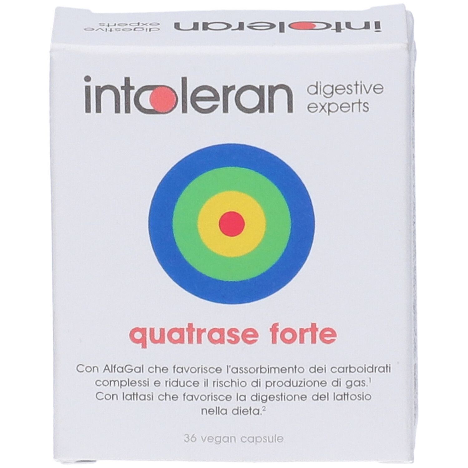 Scatola bianca con nome e logo del prodotto. Design a bersaglio multicolore. Testo: quatrase forte.