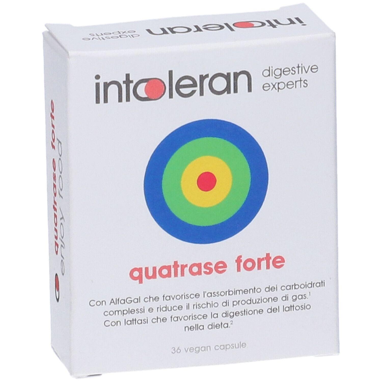 Scatola bianca con nome e logo del prodotto. Design a bersaglio multicolore. Testo: quatrase forte.