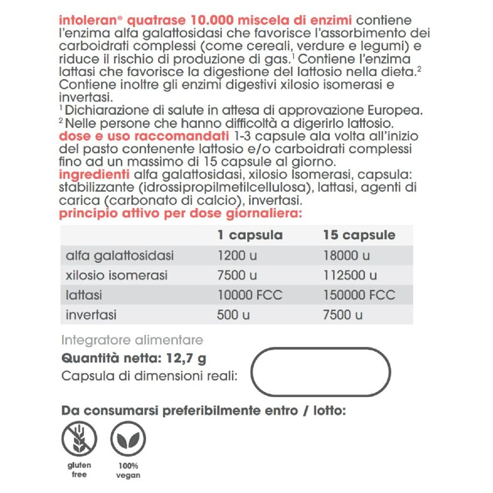 Testo su sfondo bianco. Informazioni sul prodotto, ingredienti, dosaggio e durata.