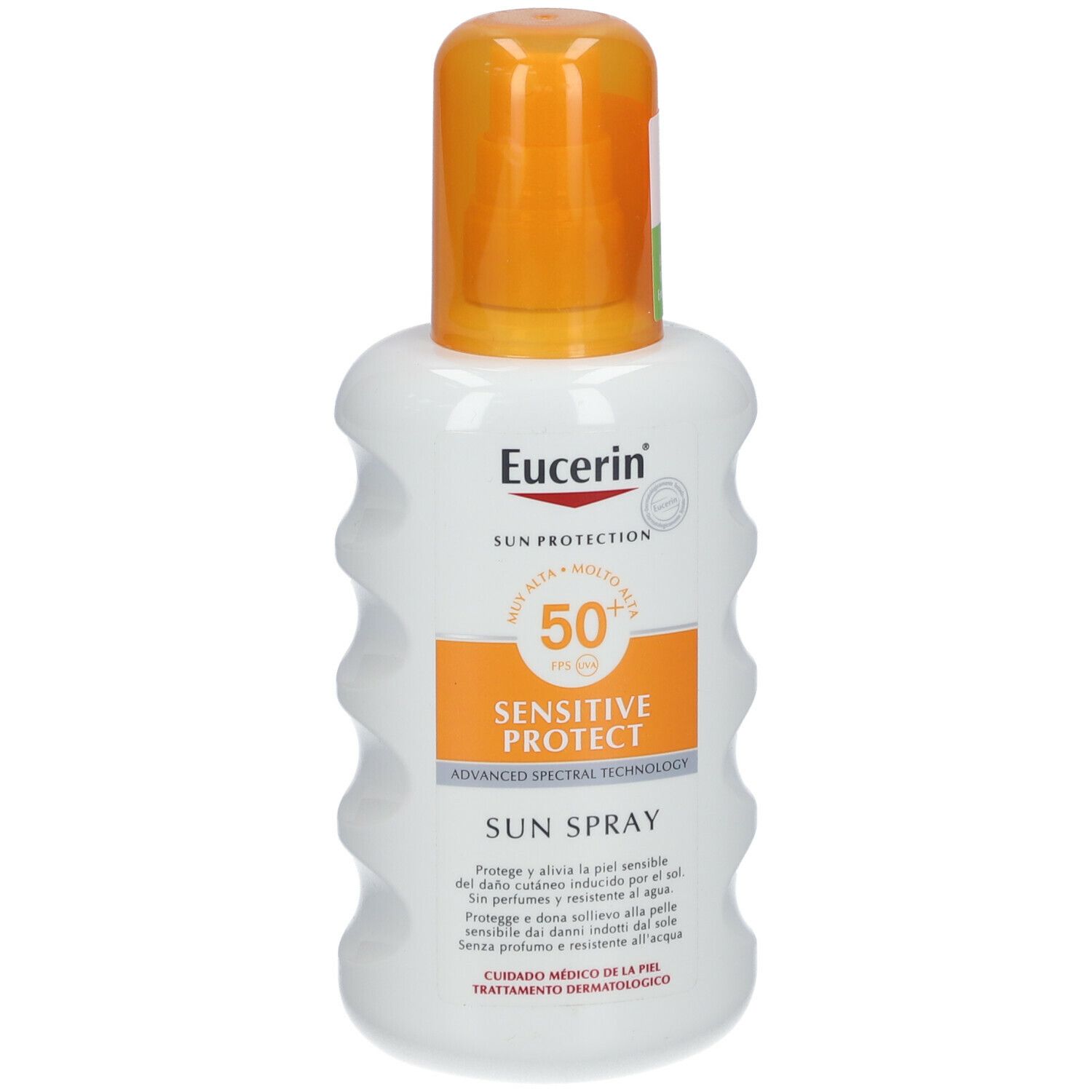 Flacone spray bianco con tappo arancione. Scritta: Eucerin, Sun Protection, Sensitive Protect Sun Spray SPF 50+.
