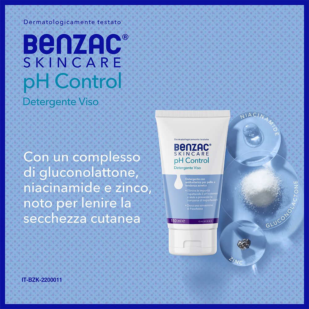 Benzac Skincare pH Control Gesichtsreiniger in weißer Tube mit blauen Akzenten. Enthält Gluconolacton, Niacinamid und Zink.