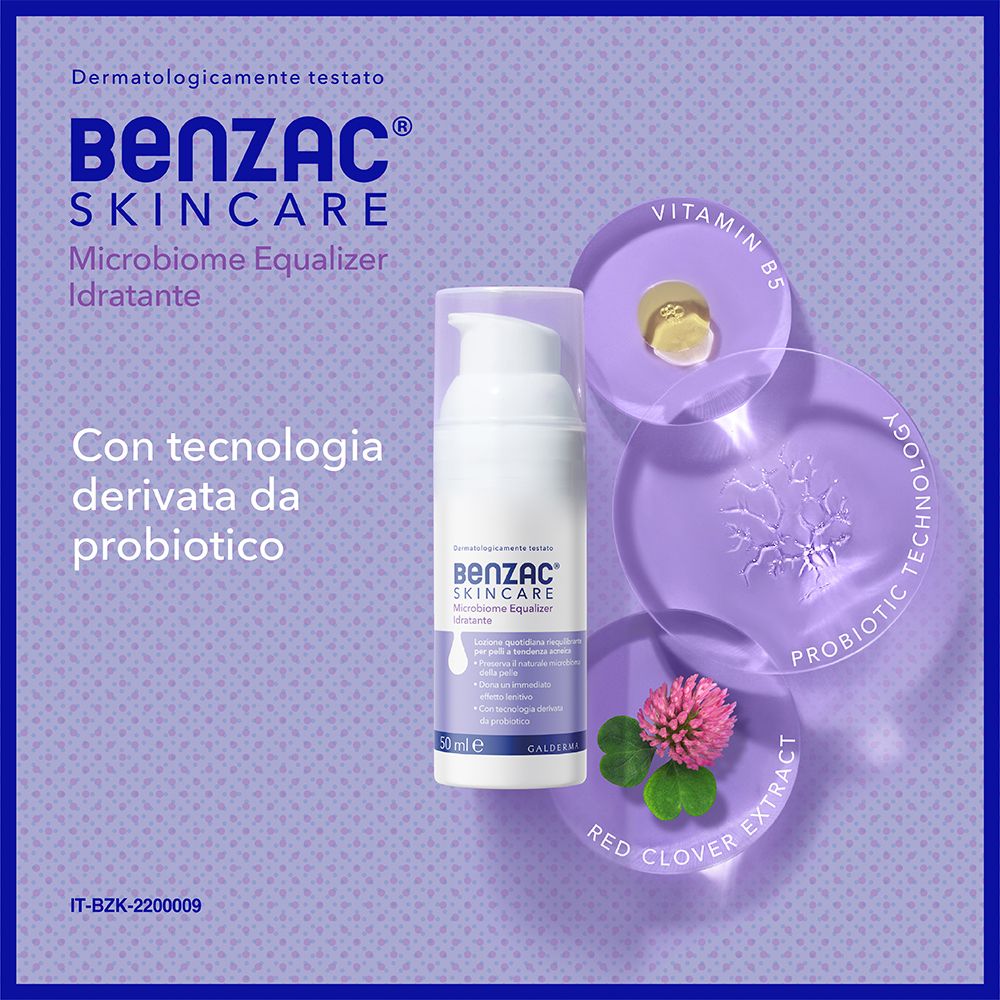 BENZAC® Skincare Microbiome Equalizer. Produkt auf lila Hintergrund. Zusätzliche Elemente: Vitamin B5, Klee.