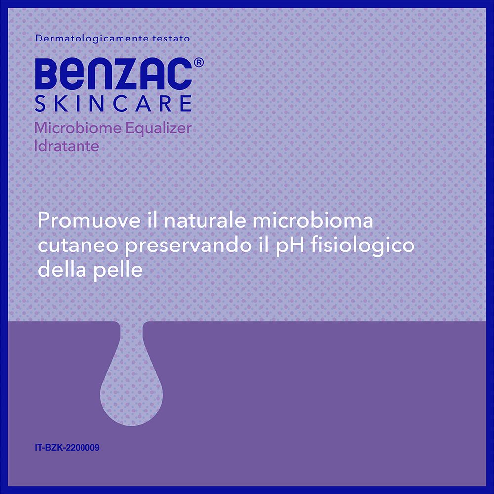 BENZAC® Skincare Microbiome Equalizer. Lila Hintergrund mit Text: fördert das Hautmikrobiom.