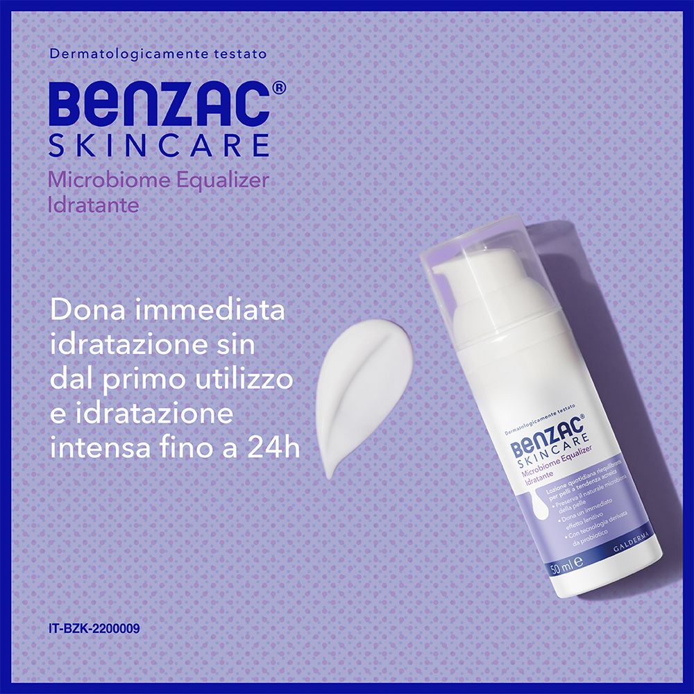 BENZAC® Skincare Microbiome Equalizer. Produkt auf lila Hintergrund. Text: Sofortige Feuchtigkeit.