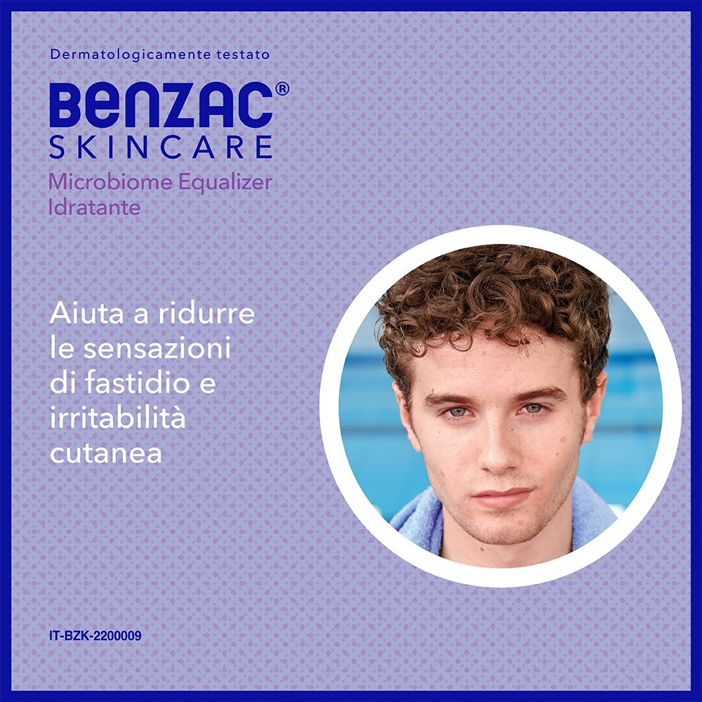 BENZAC® Skincare Microbiome Equalizer. Produkt auf lila Hintergrund. Porträt eines Mannes.