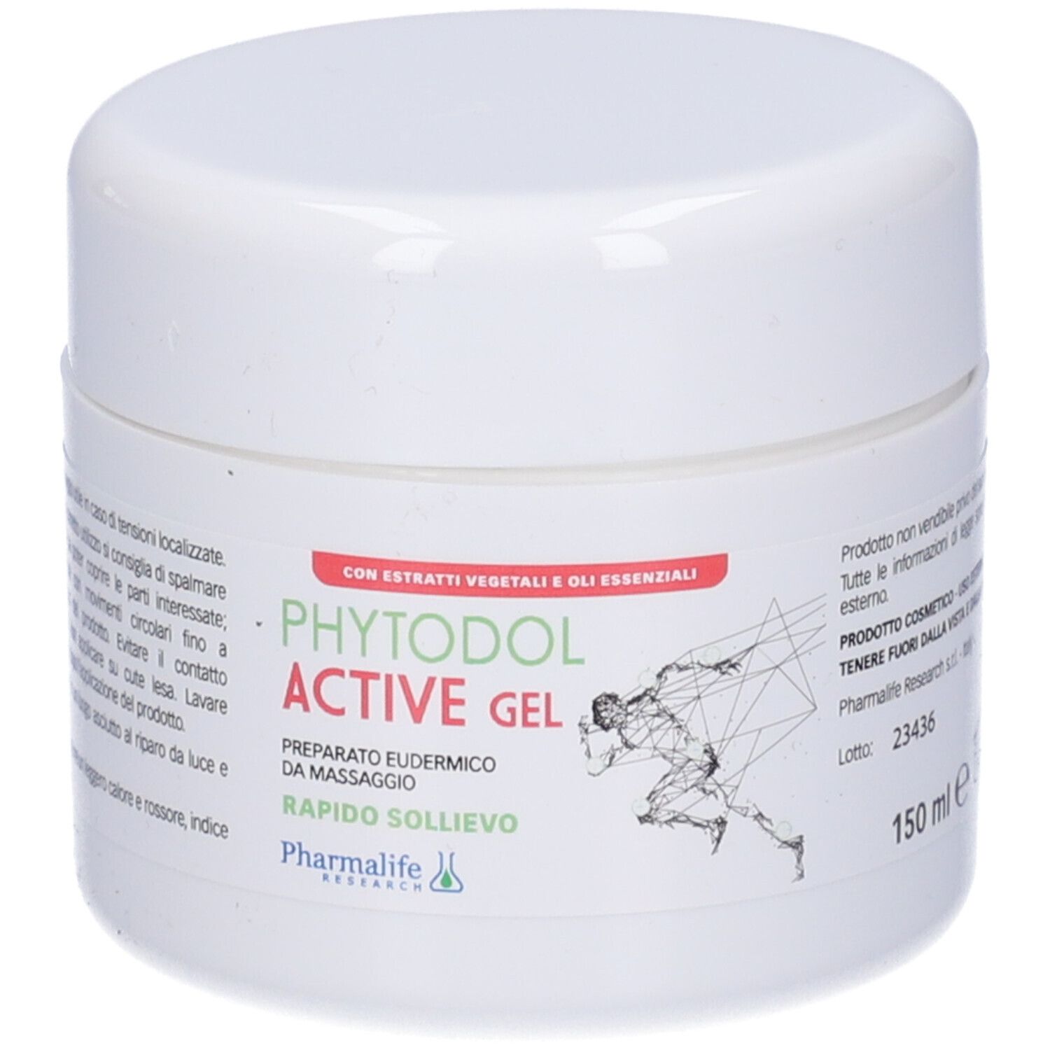 Vasetto bianco con scritta Phytodol Active Gel. Contiene estratti vegetali e oli essenziali. Con illustrazione di un corridore.