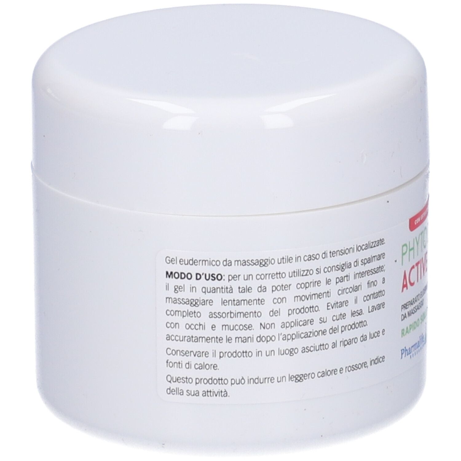 Vasetto bianco con testo. Gel per massaggio. Istruzioni per l'uso. Non applicare su occhi e mucose. Tenere fuori dalla portata dei bambini.