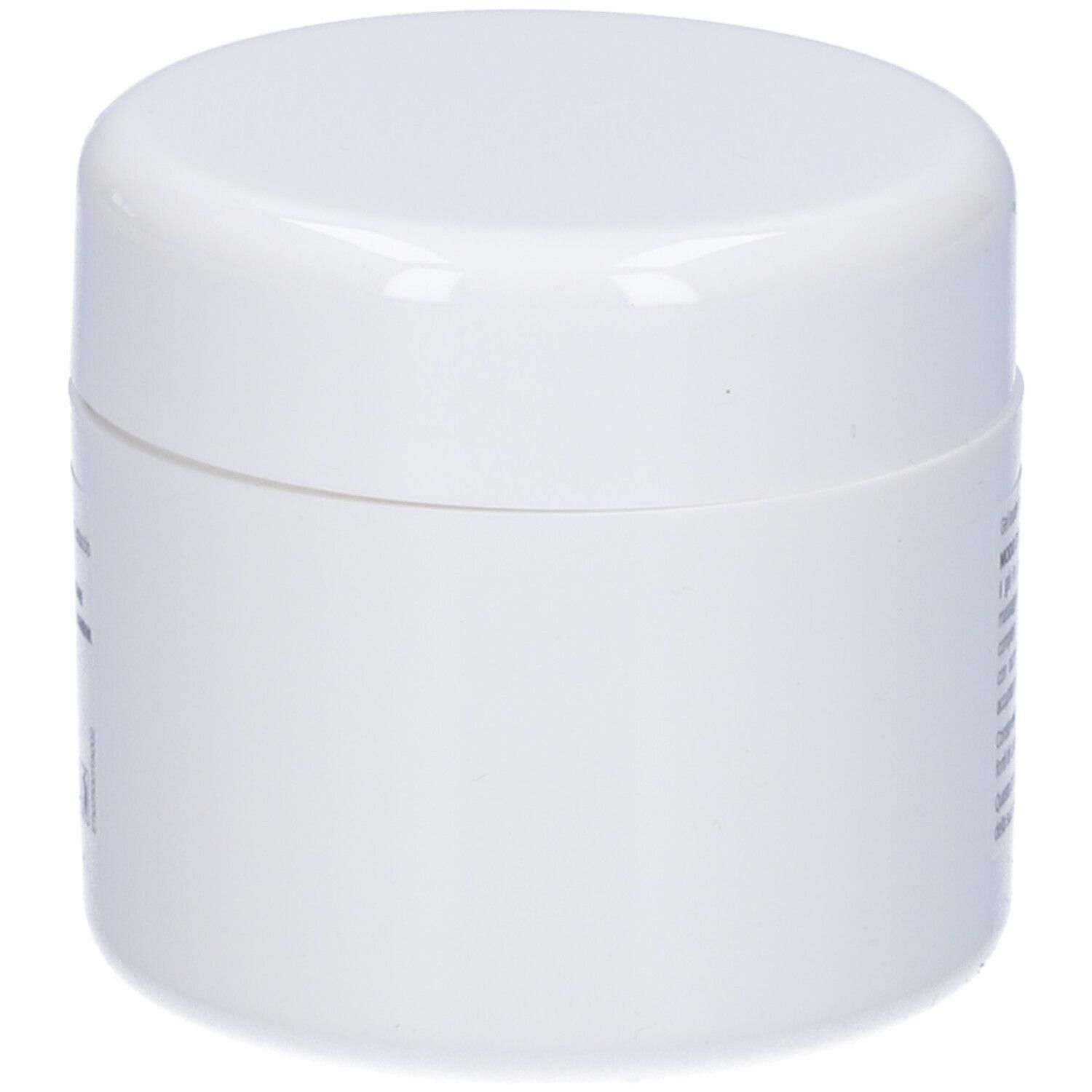 Vasetto bianco con coperchio. Scritta illeggibile. Informazioni sul prodotto sulla confezione. Prodotto cosmetico. Tenere fuori dalla portata dei bambini.