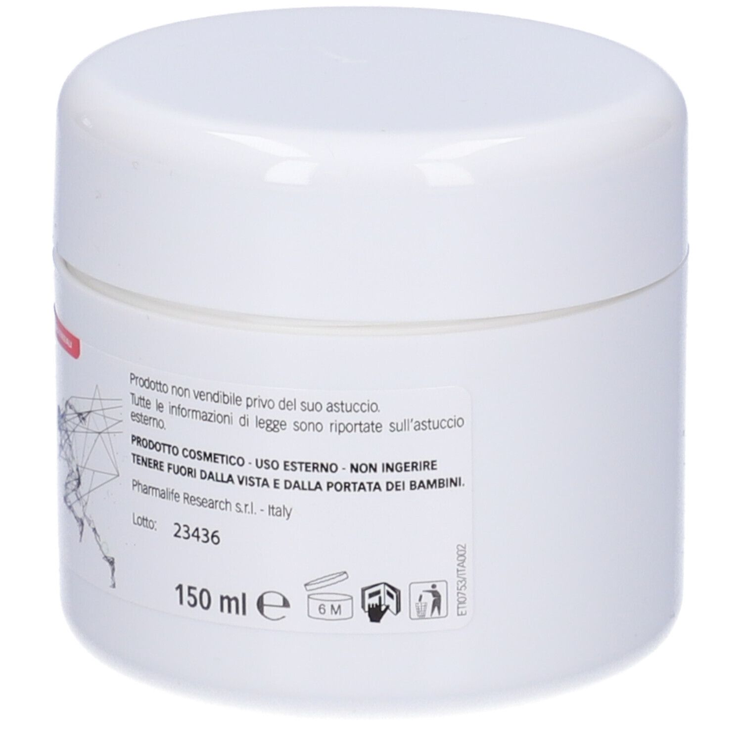 Vasetto bianco con testo. Prodotto cosmetico. Non ingerire. Tenere fuori dalla portata dei bambini. 150 ml. Numero di lotto 23436.