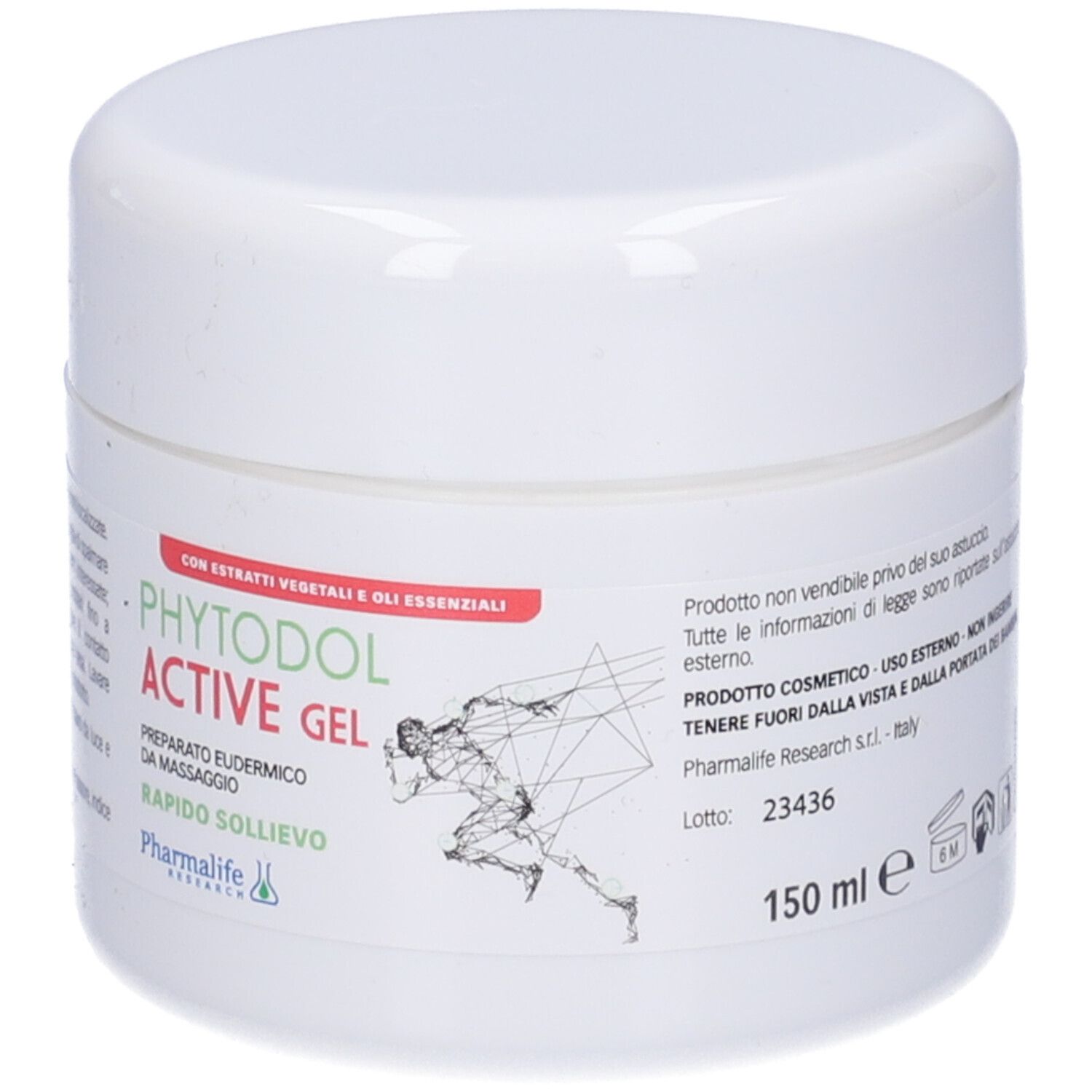Vasetto bianco con scritta Phytodol Active Gel. Contiene estratti vegetali e oli essenziali. Con illustrazione di un corridore. 150 ml.