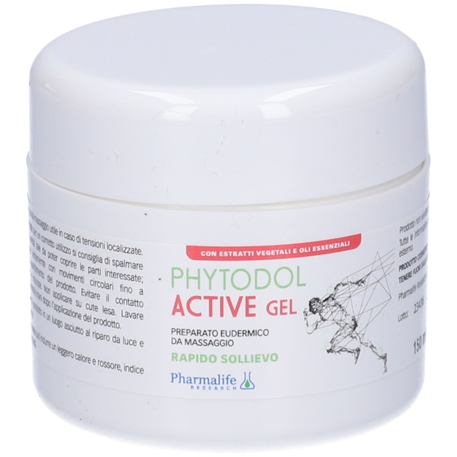 Vasetto bianco con scritta Phytodol Active Gel. Contiene estratti vegetali e oli essenziali. Con illustrazione di un corridore. 150 ml.