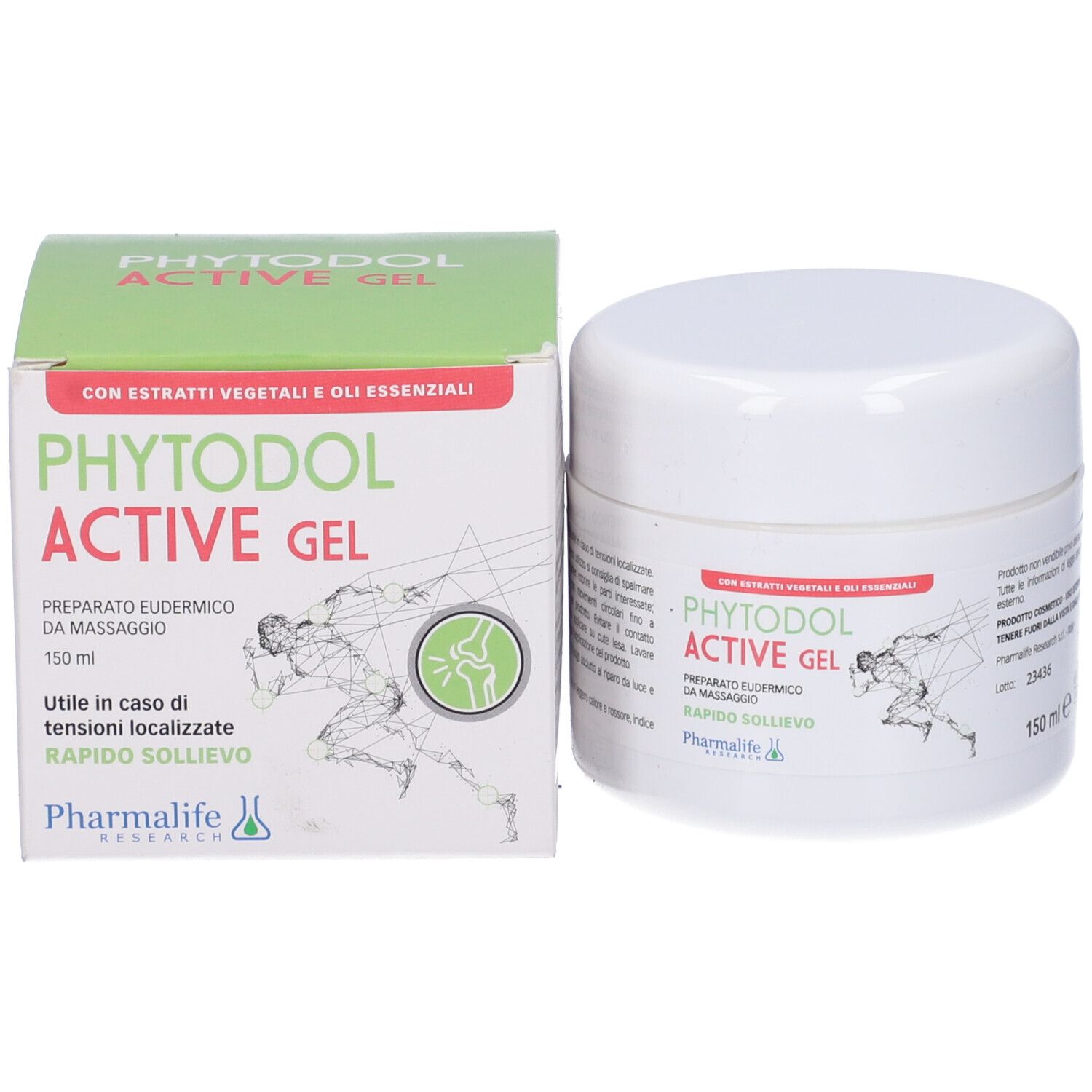 Vasetto bianco e scatola con scritta Phytodol Active Gel. Contiene estratti vegetali e oli essenziali. Con illustrazione di un corridore.