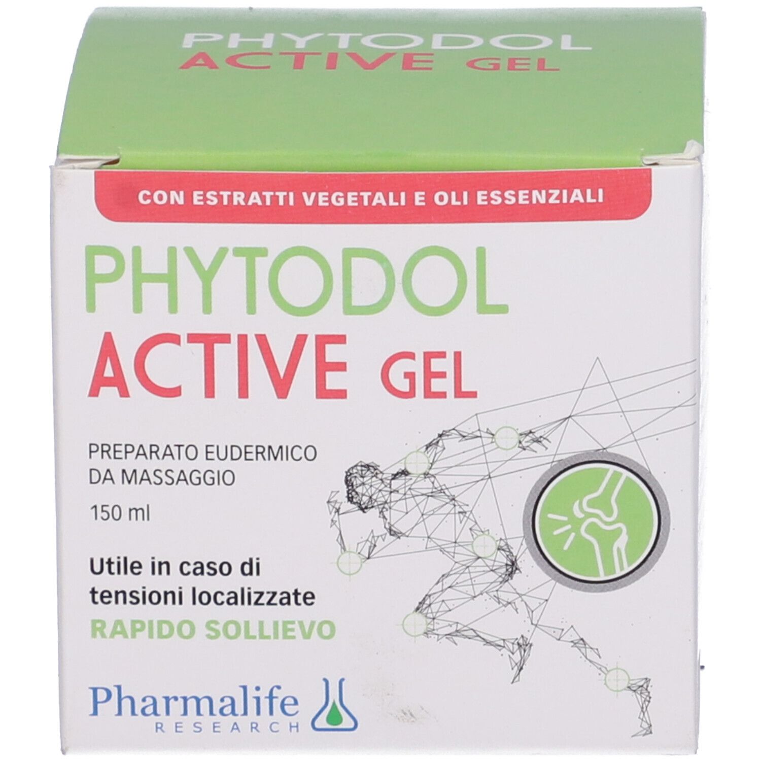 Scatola verde con scritta Phytodol Active Gel. Contiene estratti vegetali e oli essenziali. Con illustrazione di un corridore e articolazione.