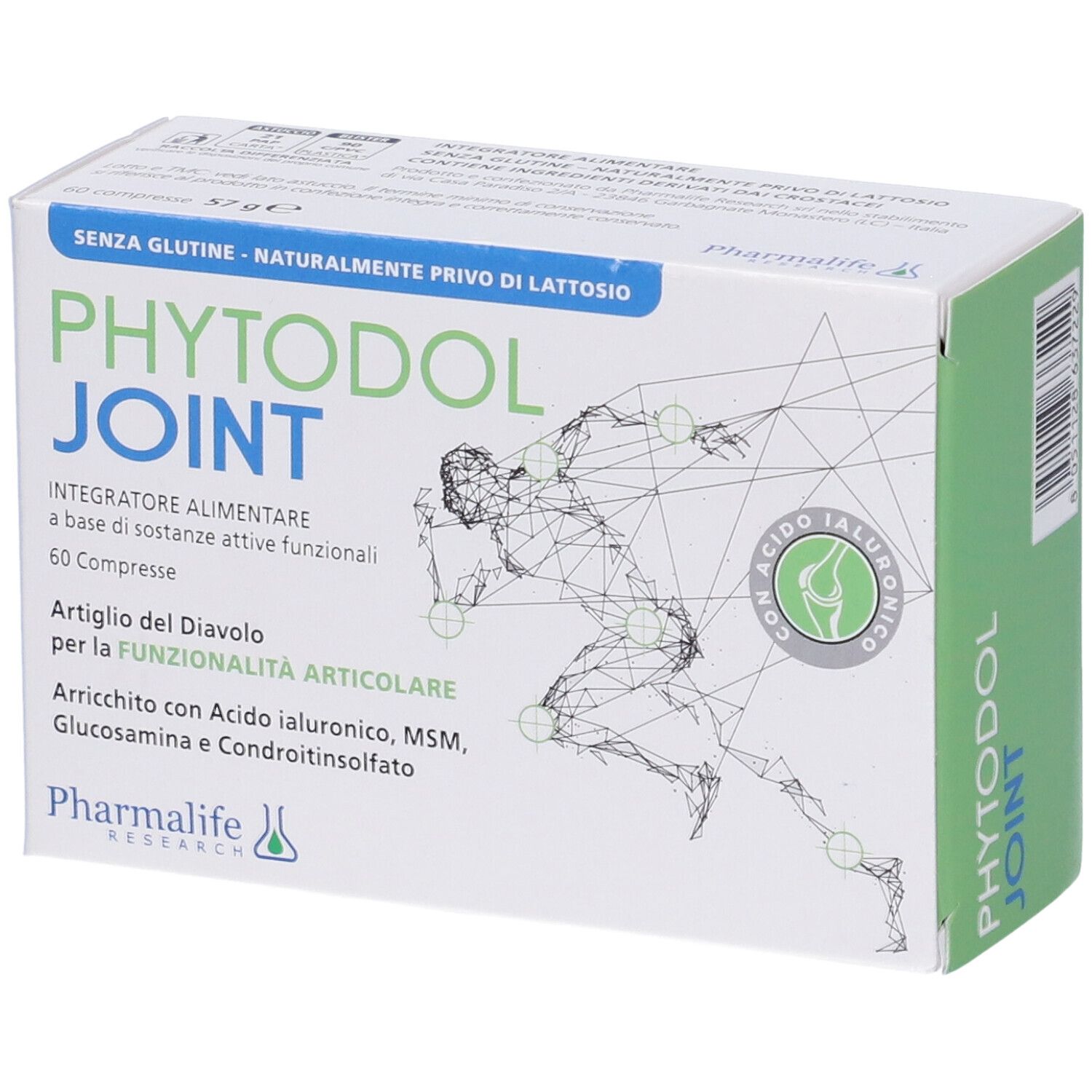 Confezione di Phytodol Joint. Contiene 60 compresse. Scritta: Senza glutine, naturalmente senza lattosio. Contiene acido ialuronico.
