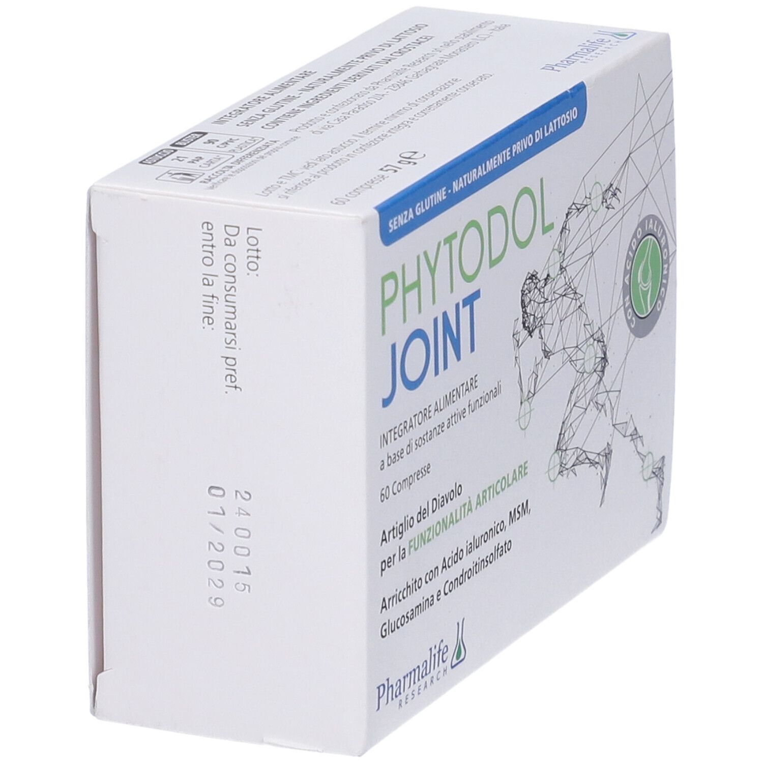 Vista obliqua della confezione di Phytodol Joint. Scritta: Senza glutine, naturalmente senza lattosio. Contiene 60 compresse. Scadenza 01/2029.