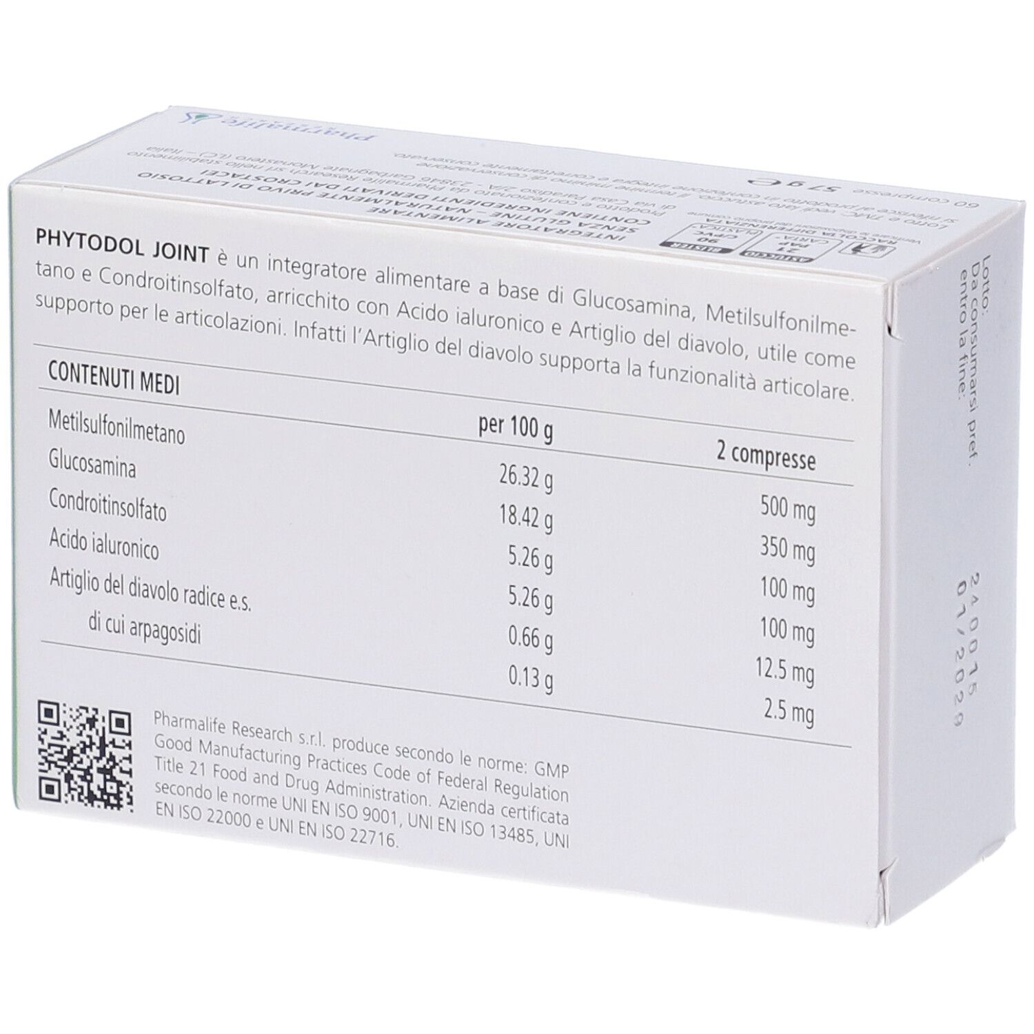 Retro della confezione di Phytodol Joint. Contiene informazioni nutrizionali per 100g e per 2 compresse. Codice QR e certificazioni.