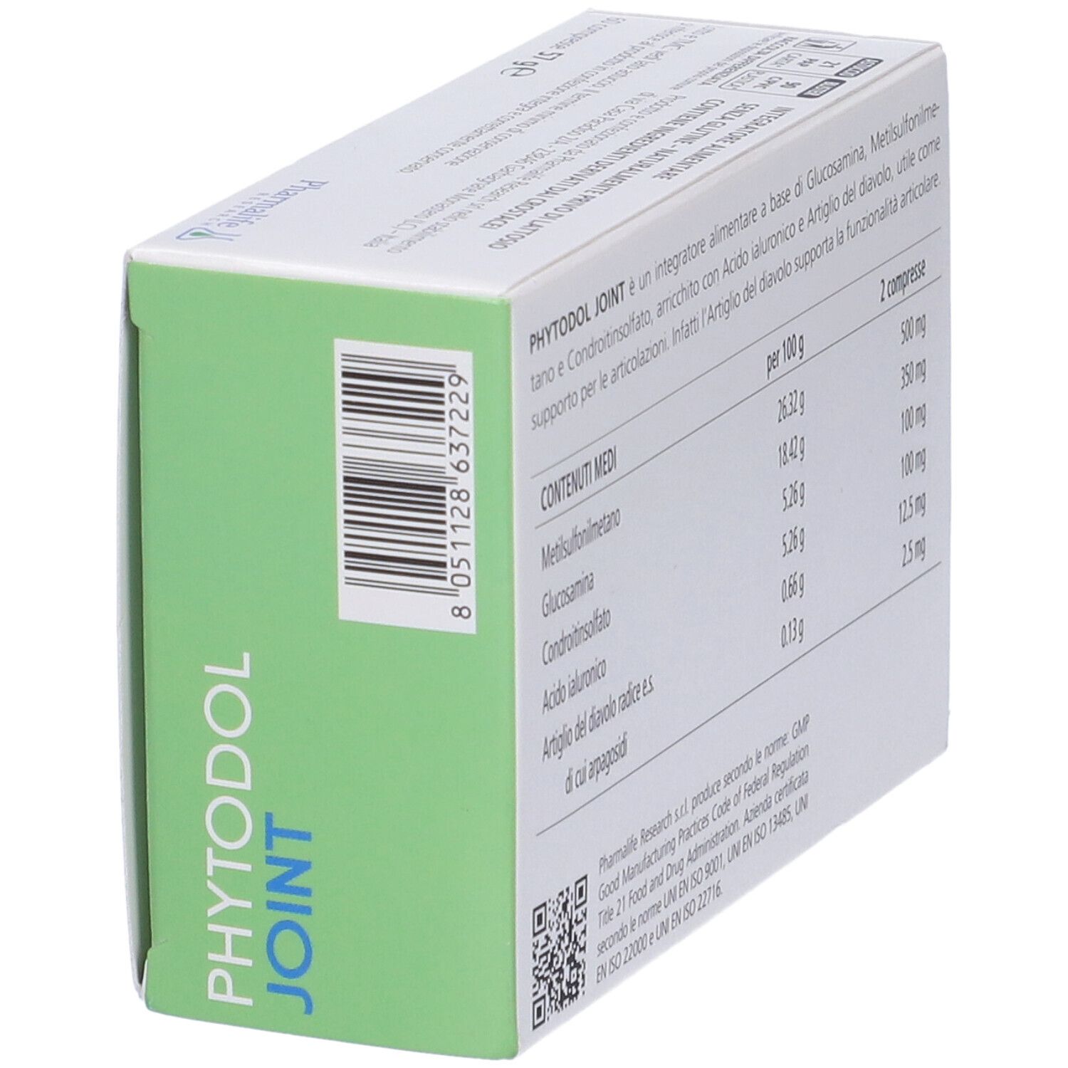 Vista obliqua della confezione di Phytodol Joint. Contiene informazioni nutrizionali. Codice a barre e logo Pharmalife Research.