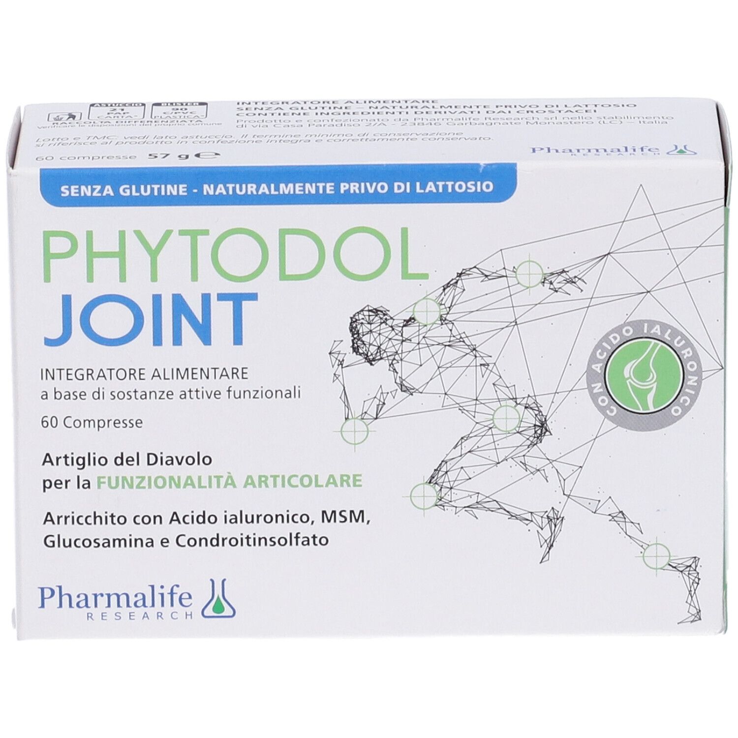 Vista frontale della confezione di Phytodol Joint. Contiene 60 compresse. Scritta: Senza glutine, naturalmente senza lattosio. Contiene acido ialuronico.