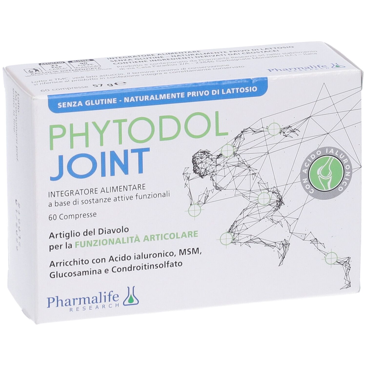 Vista frontale della confezione di Phytodol Joint. Contiene 60 compresse. Scritta: Senza glutine, naturalmente senza lattosio. Logo Pharmalife Research.