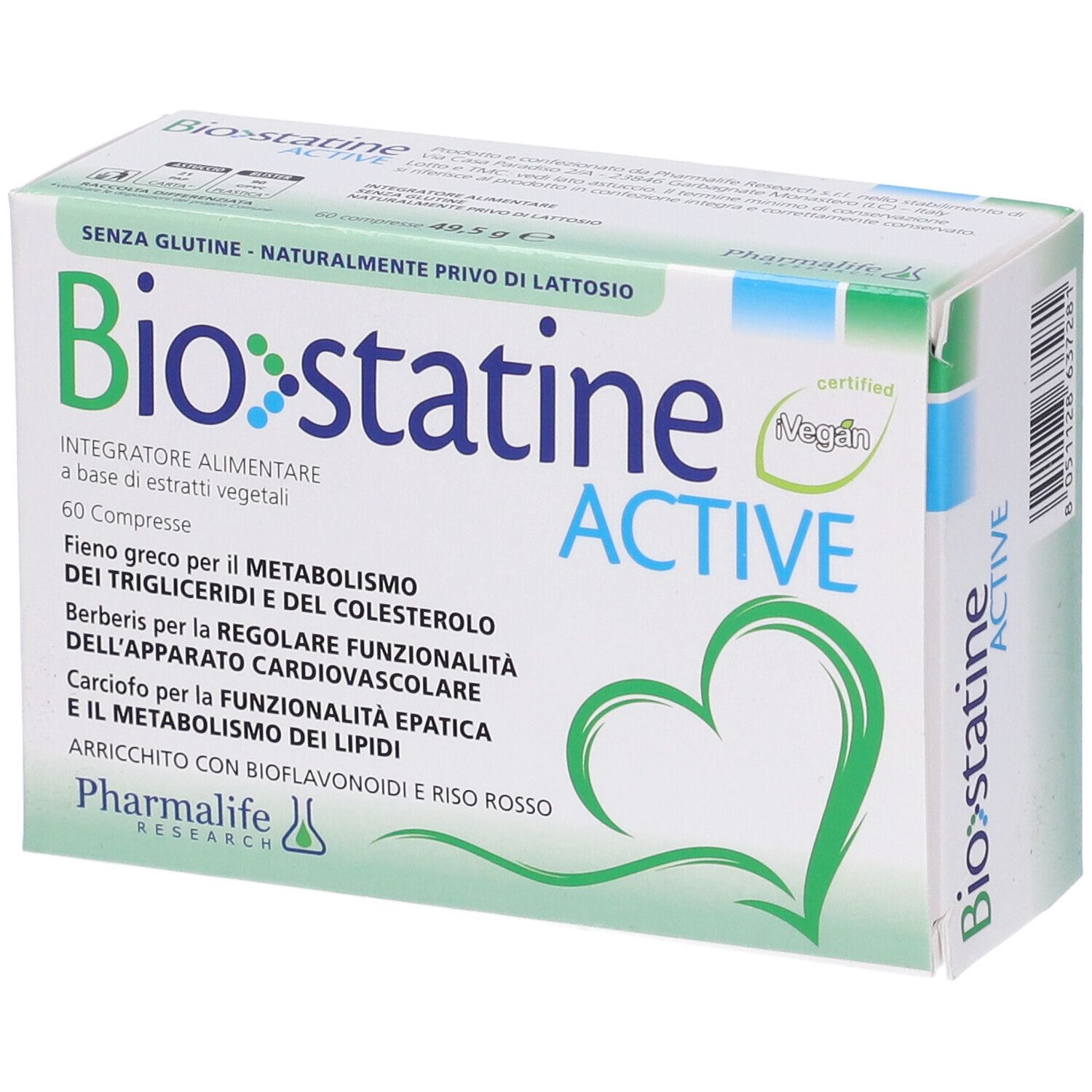 Scatola 'Biostatine Active'. Confezione verde e bianca con informazioni e logo. 60 compresse, senza glutine, senza lattosio.