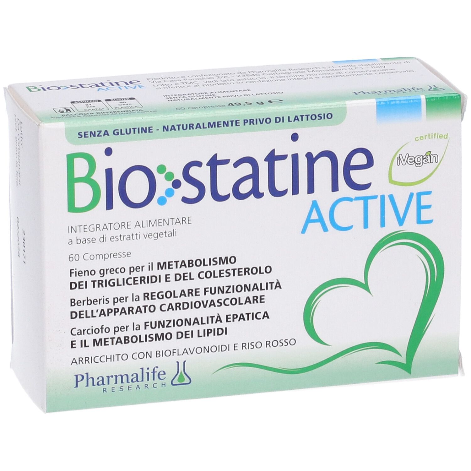 Vista frontale della confezione 'Biostatine Active'. Scatola verde e bianca con informazioni e logo. 60 compresse.