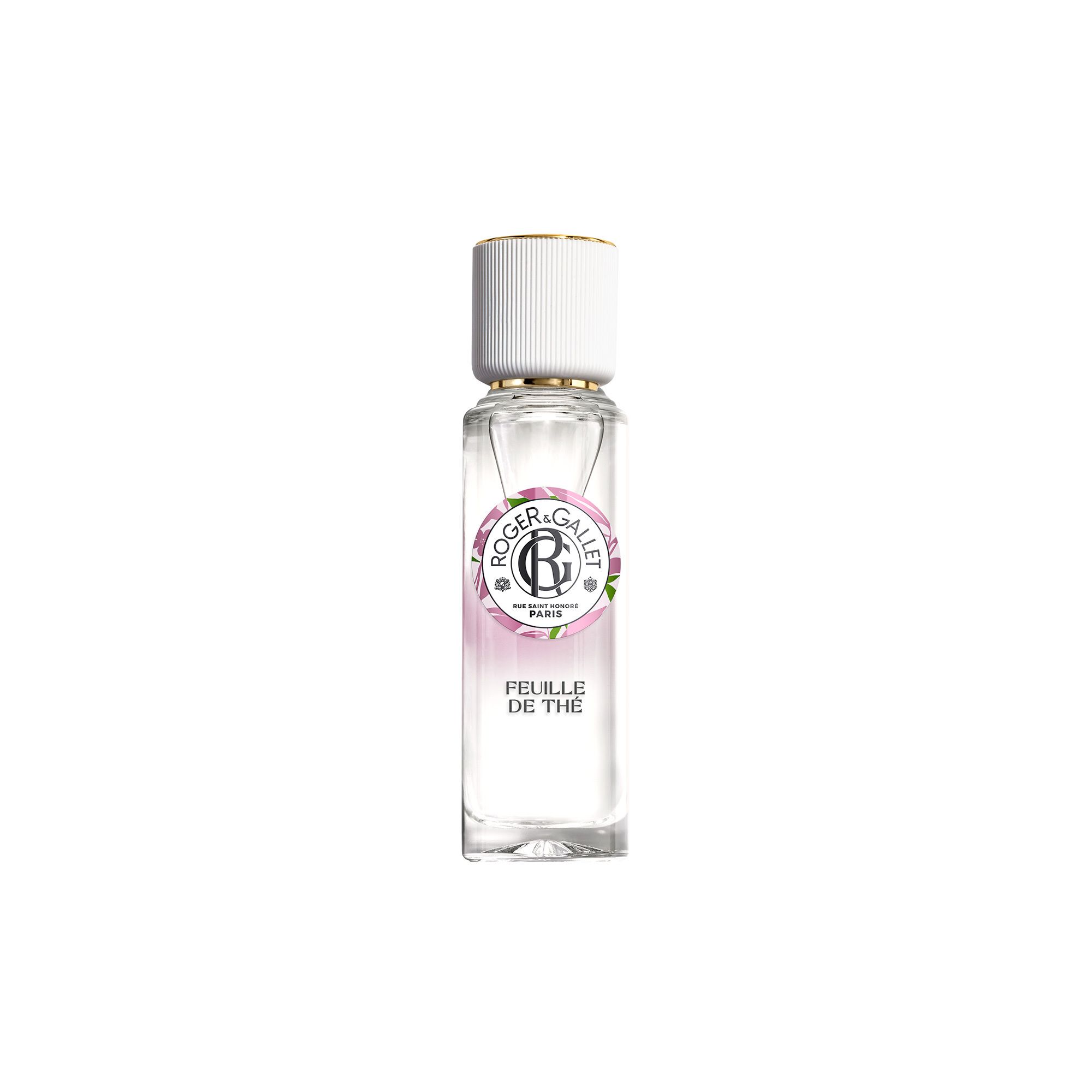 Flacone in vetro con tappo bianco. Scritta: ROGER&GALLET, FEUILLE DE THÉ. Logo e testo rosa.