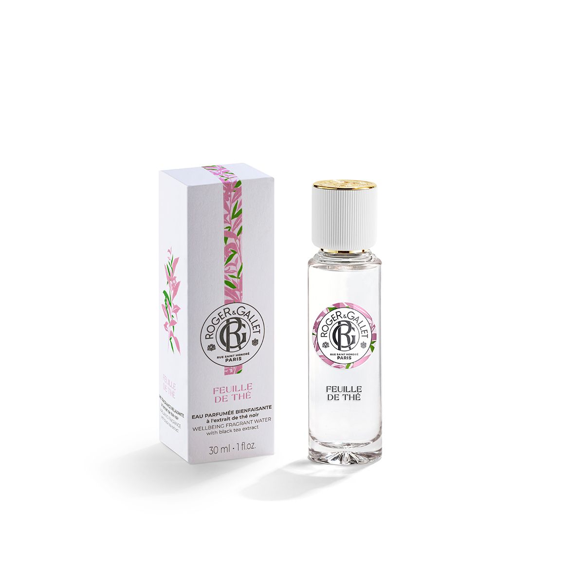 Prodotto e confezione. Flacone e scatola. Scritta: ROGER&GALLET, FEUILLE DE THÉ. 30ml.