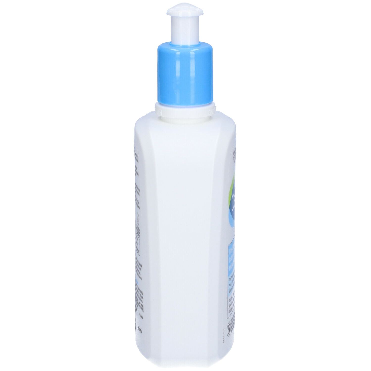 Flacone bianco con erogatore blu. Testo laterale multilingue. Nome del prodotto non visibile.