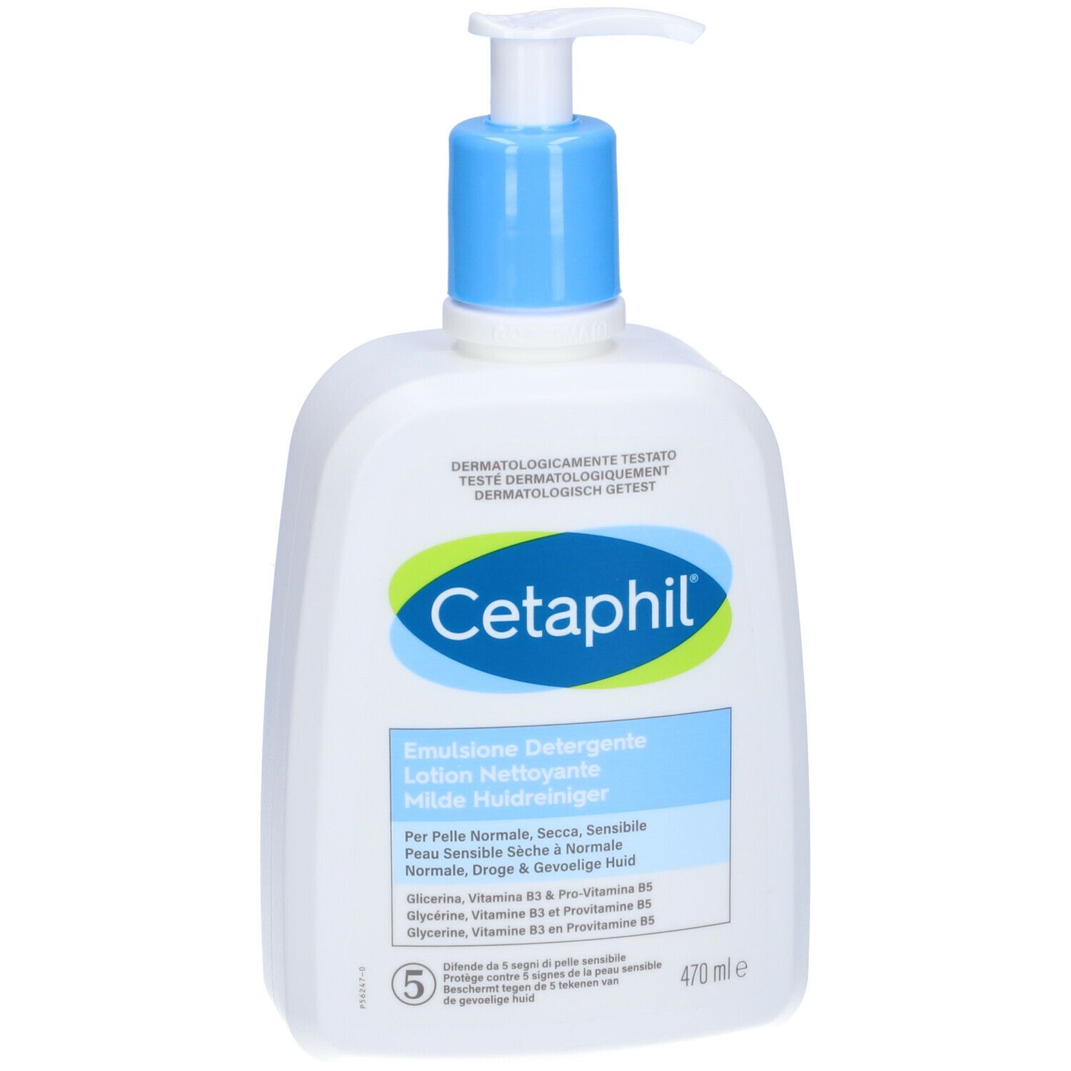 Flacone bianco con erogatore blu. Scritta Cetaphil, Emulsione Detergente. Per pelli normali, secche e sensibili.