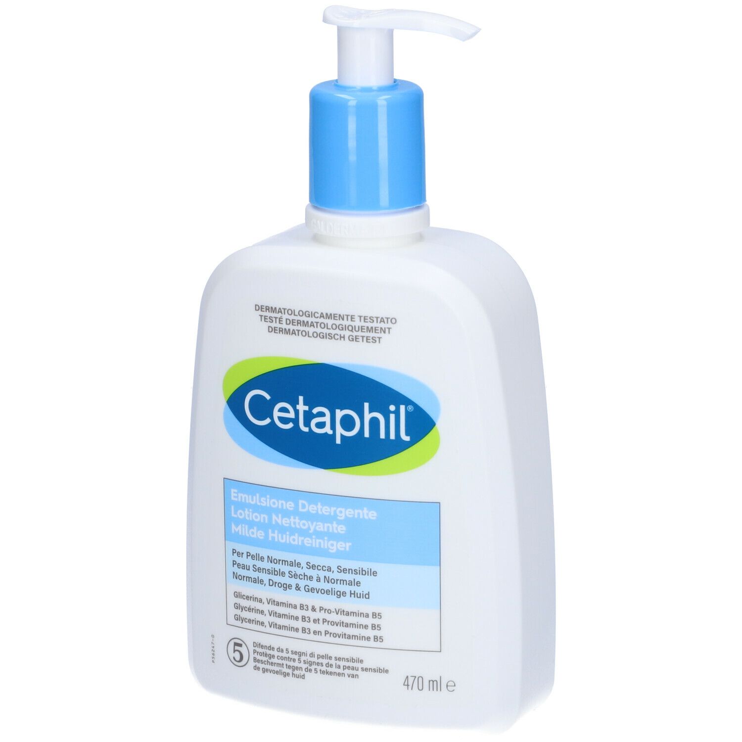 Flacone bianco con erogatore blu. Scritta Cetaphil, Emulsione Detergente. Per pelli normali, secche e sensibili.