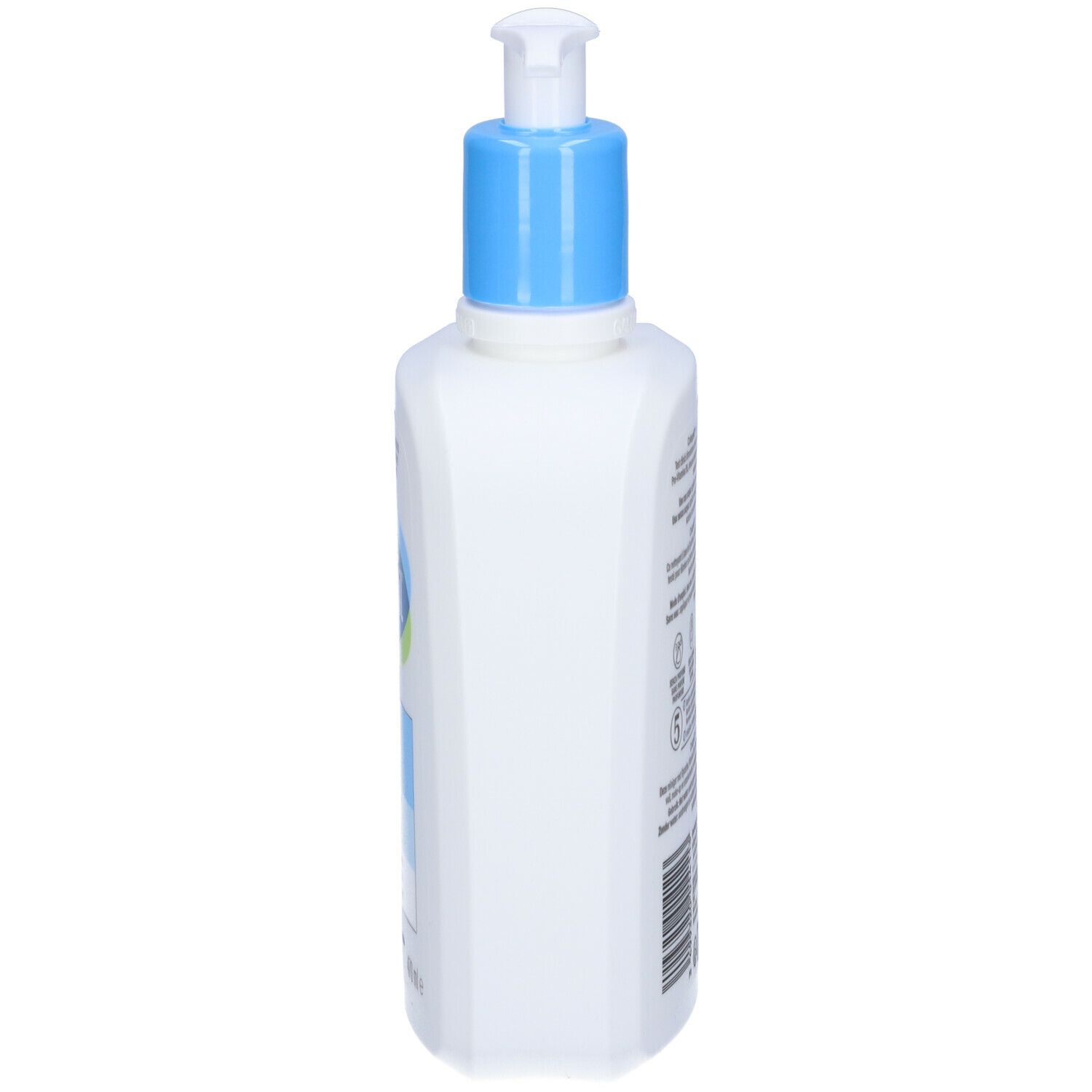 Flacone bianco con erogatore blu. Testo laterale multilingue. Nome del prodotto non visibile.
