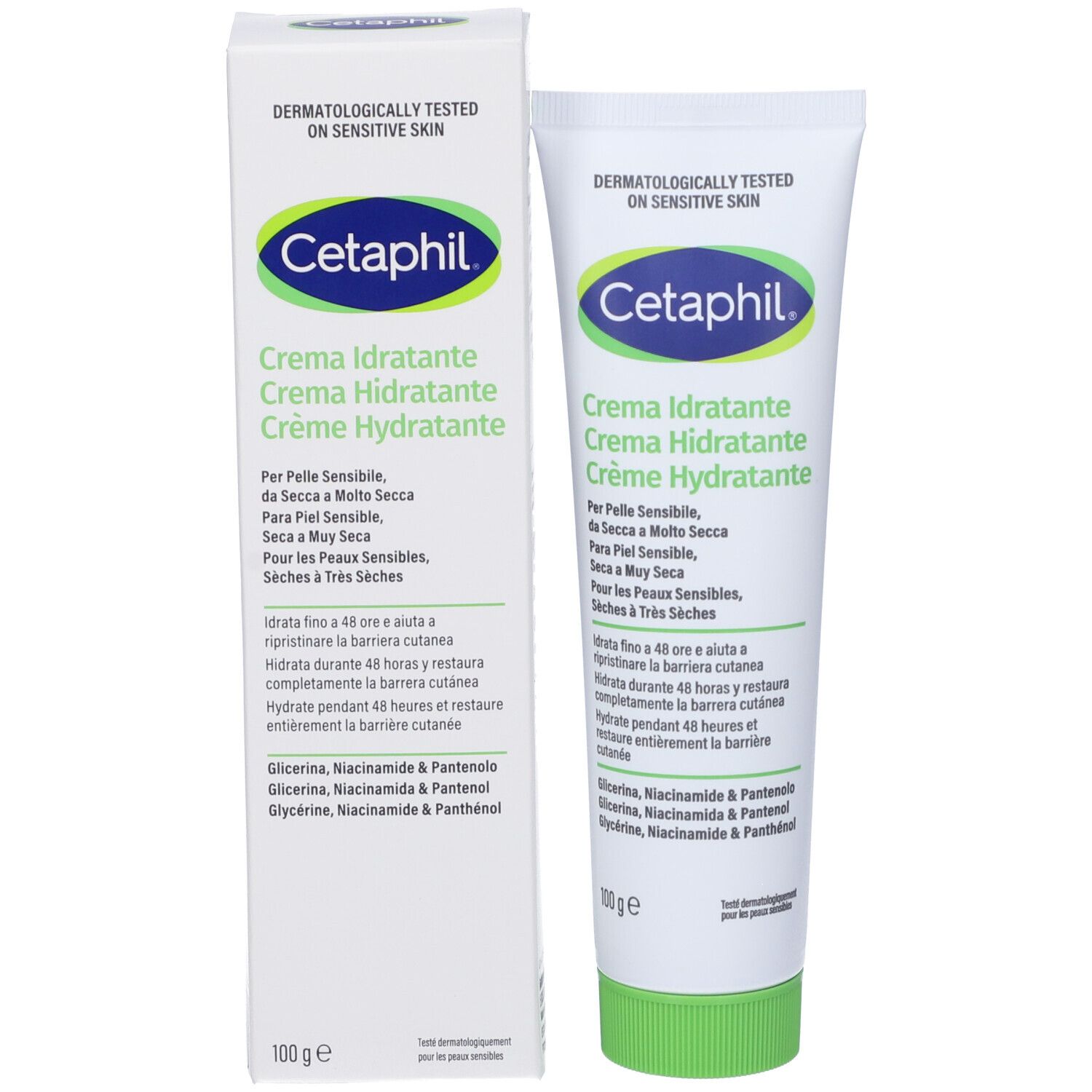 Produktverpackung mit Tube und Karton. Aufschrift: Cetaphil, Crema Idratante. Dermatologisch getestet. 100g.